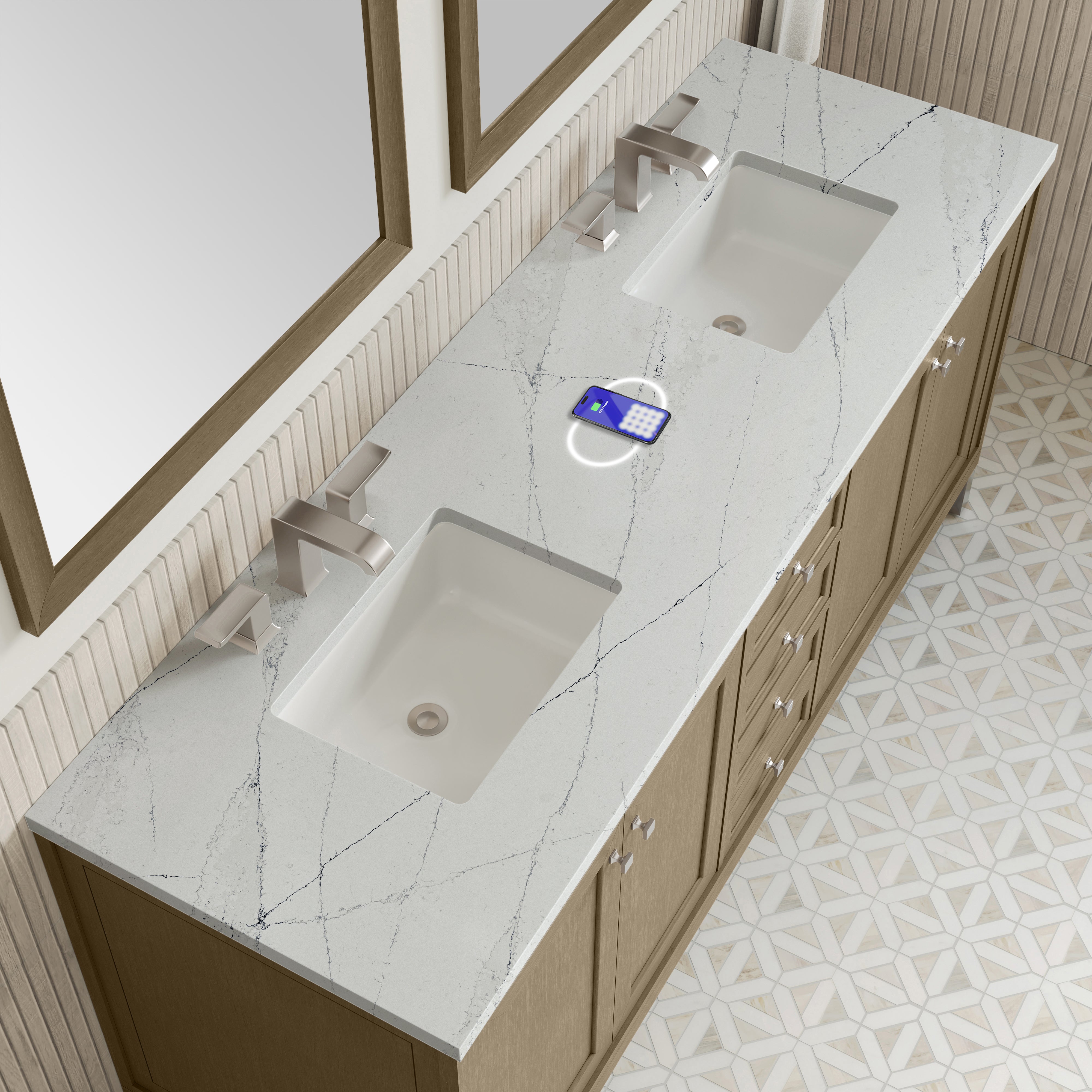 James Martin Chicago 72" Double Vanity in Walnut Whisper with 3cm Countertop and FreePower Wireless Charger