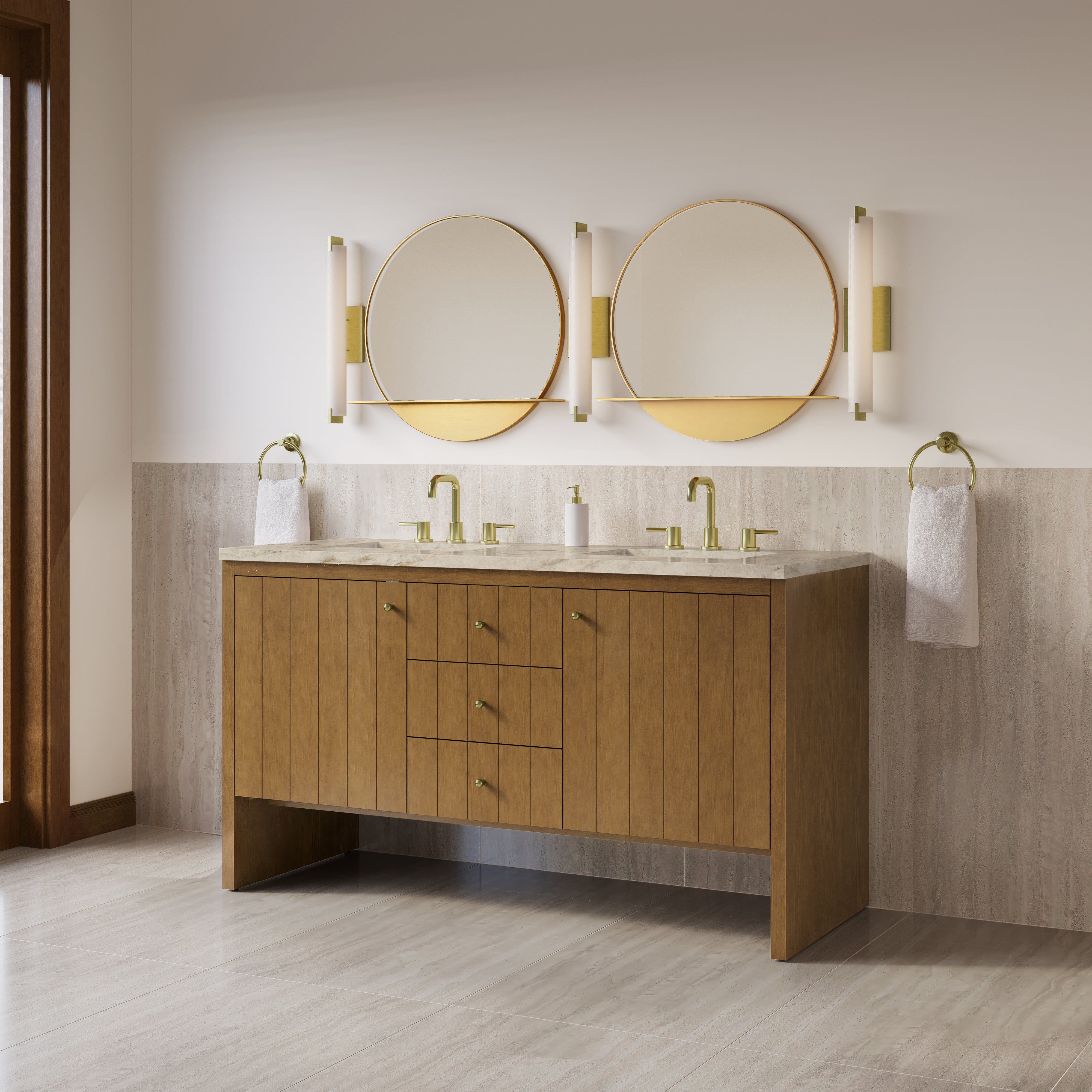 James Martin Hudson 60" Double Vanity in Honey Oak with 3cm Countertop and FreePower Wireless Charger