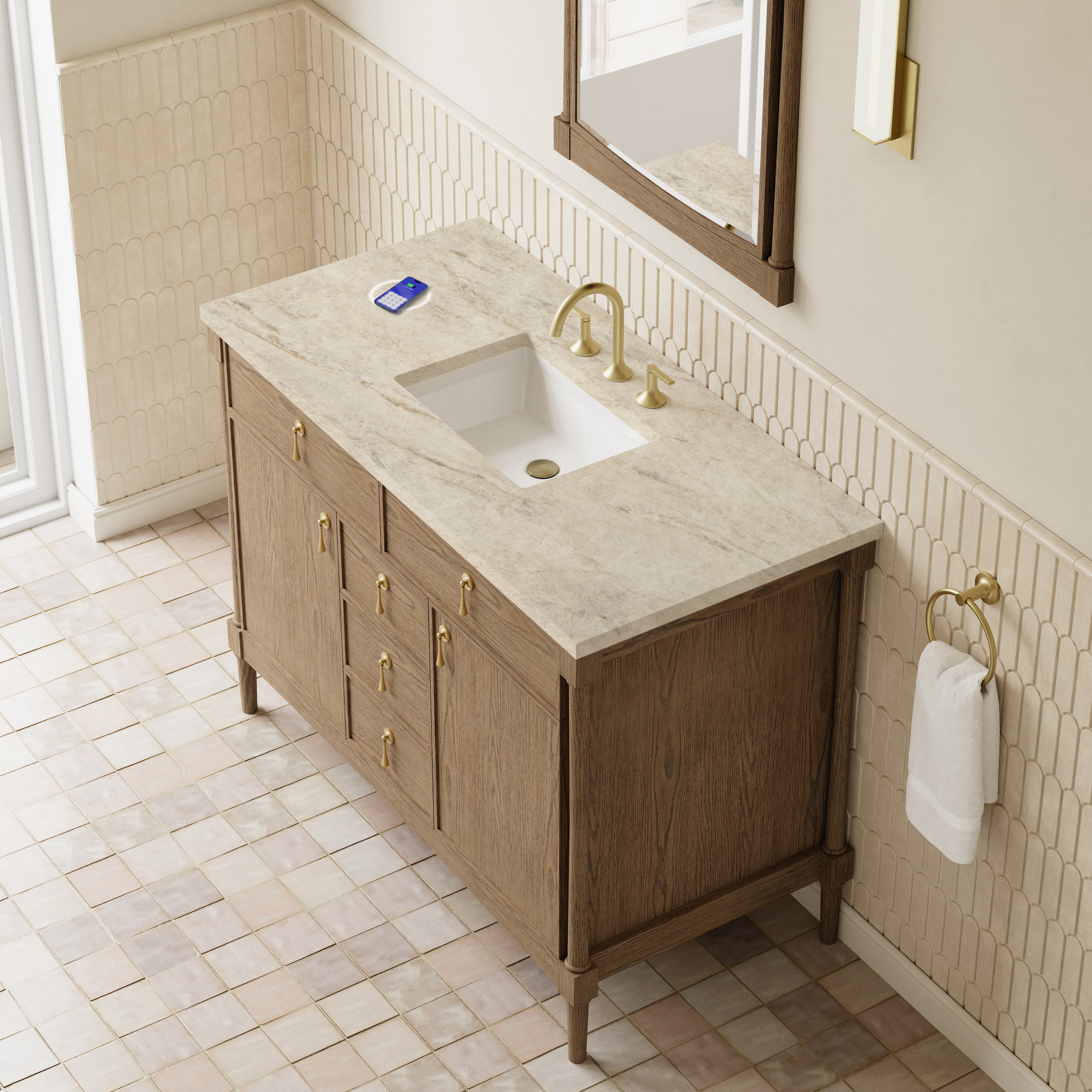James Martin Kinnsden 48" Single Vanity in Weathered Oak with 3cm Countertop and FreePower Wireless Charger