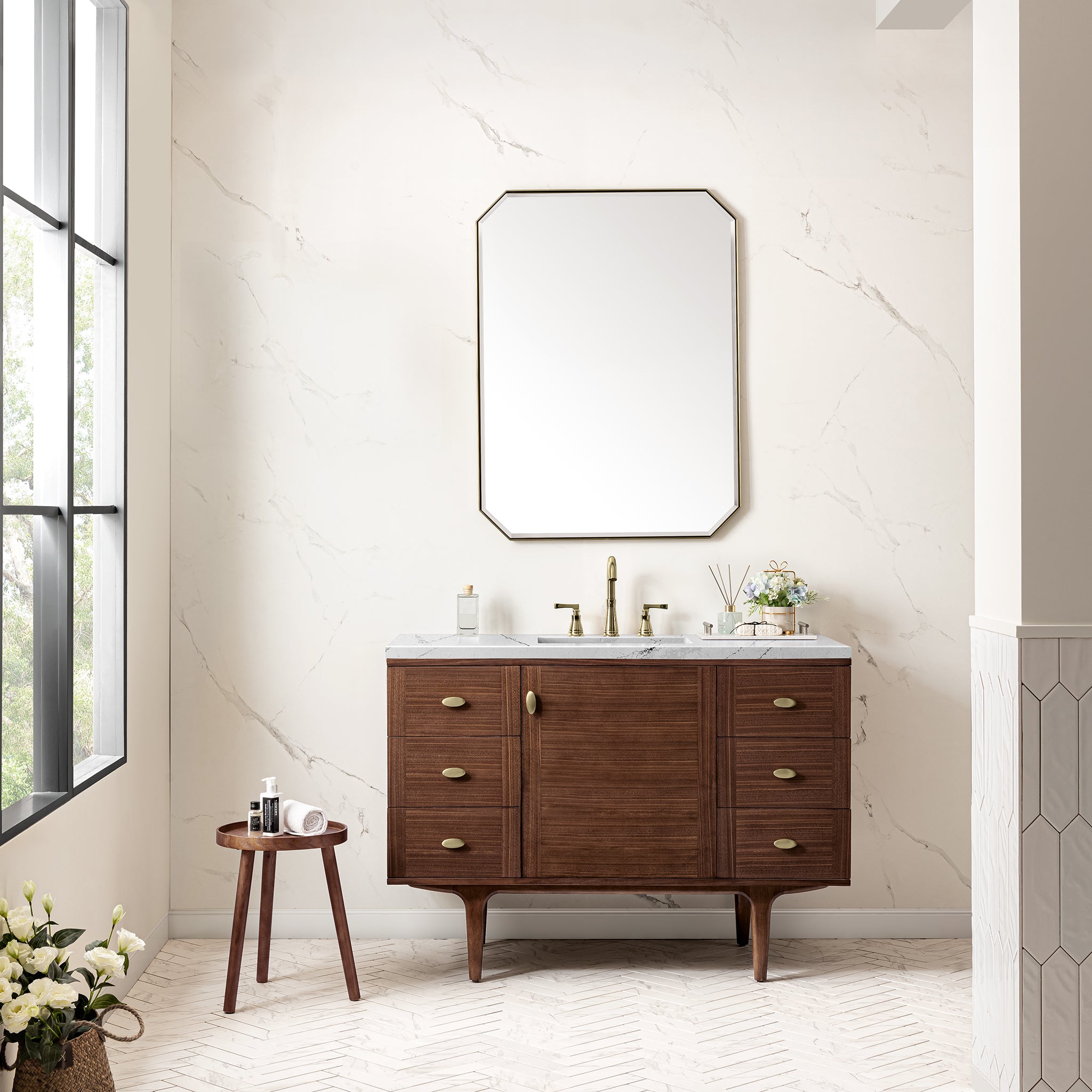 James Martin Amberly 48" Single Vanity in Mid-Century Walnut with 3cm Countertop and FreePower Wireless Charger