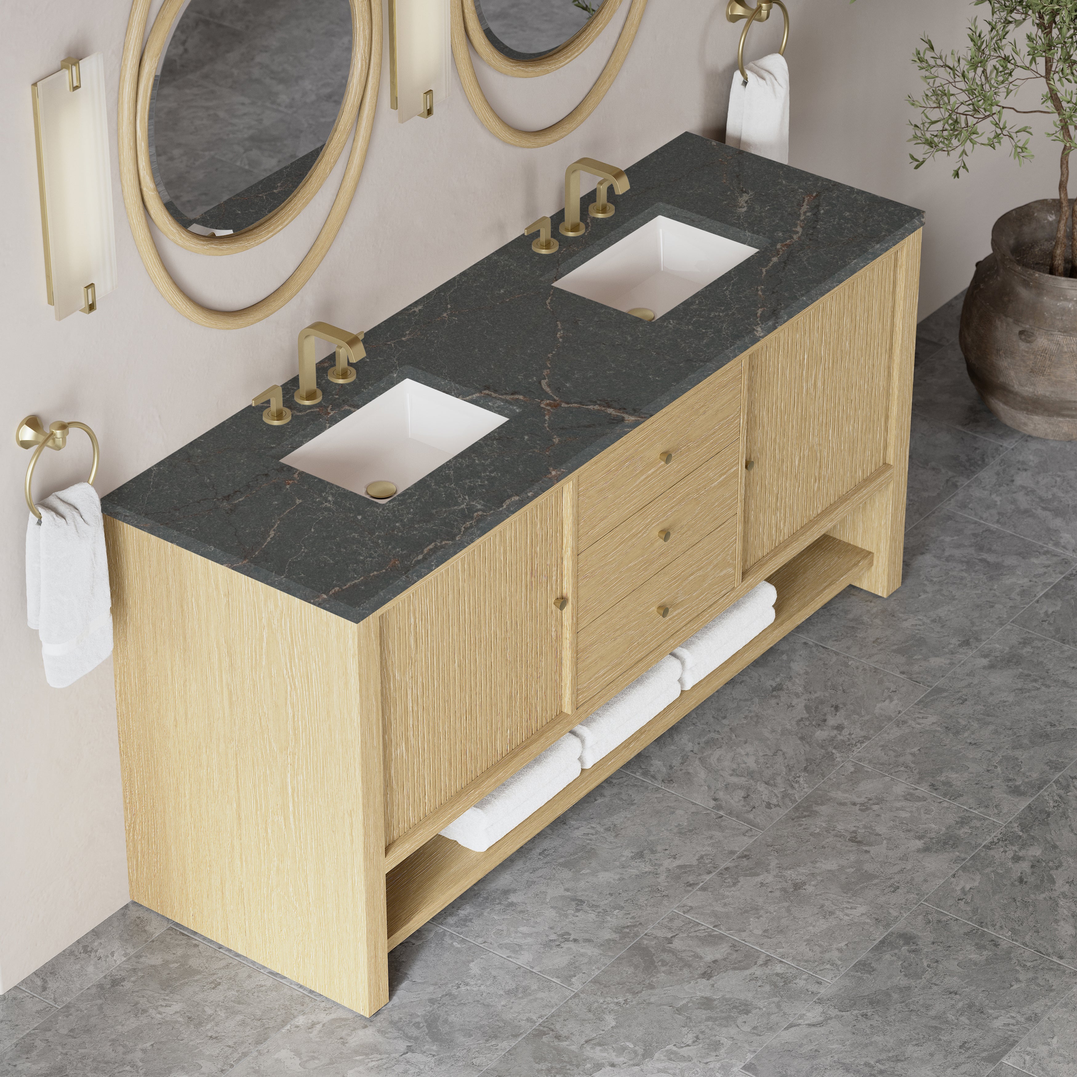 James Martin Marigot 72" Double Vanity in Sunwashed Oak with 3cm Countertop and FreePower Wireless Charger