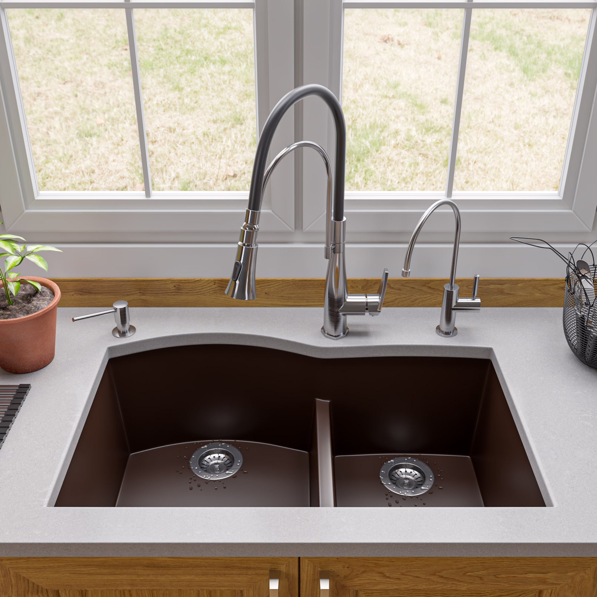 ALFI brand AB3320UM 33" Double Bowl Undermount Granite Composite Kitchen Sink