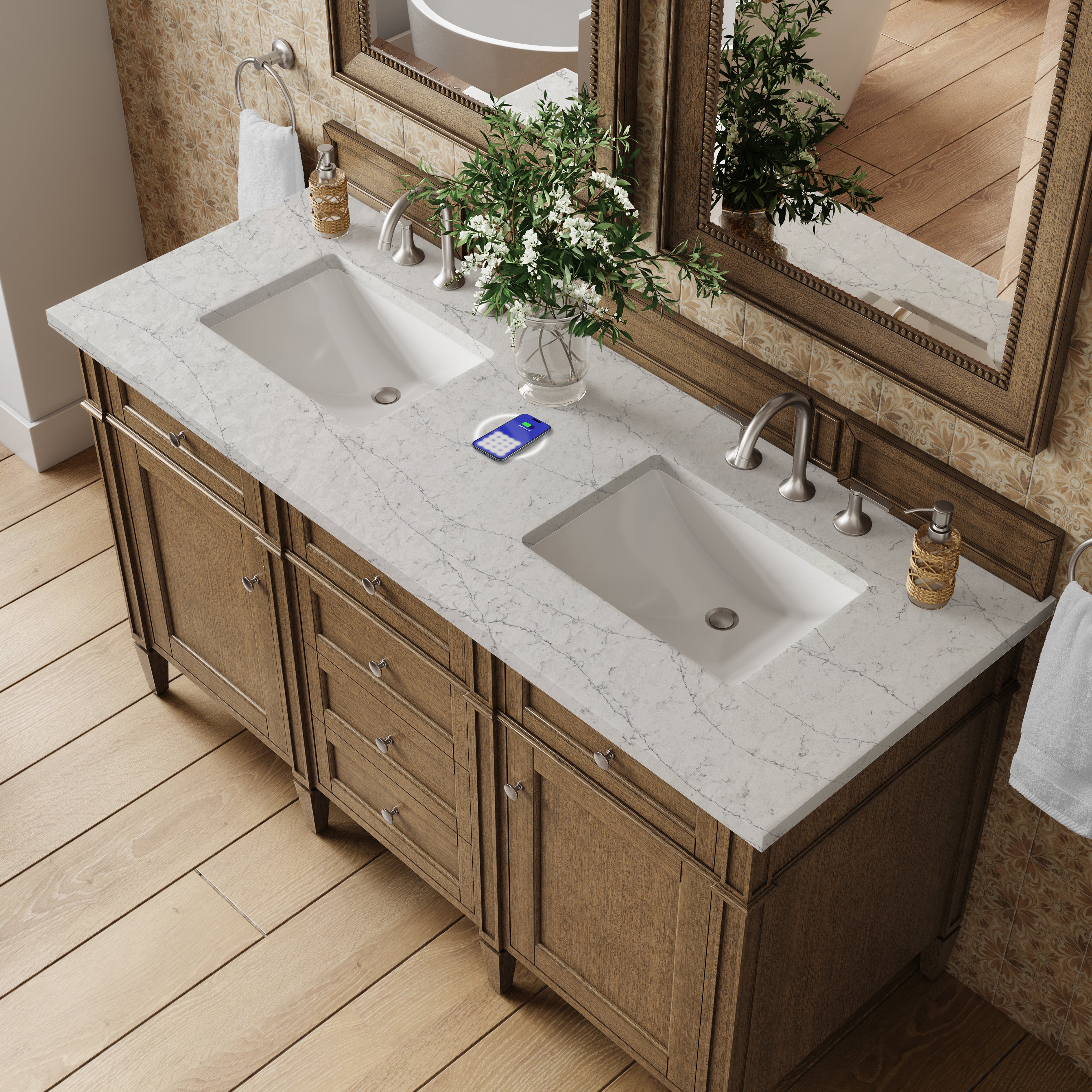 James Martin Brittany 60" Double Vanity in Saddle Brown with 3cm Countertop and FreePower Wireless Charger