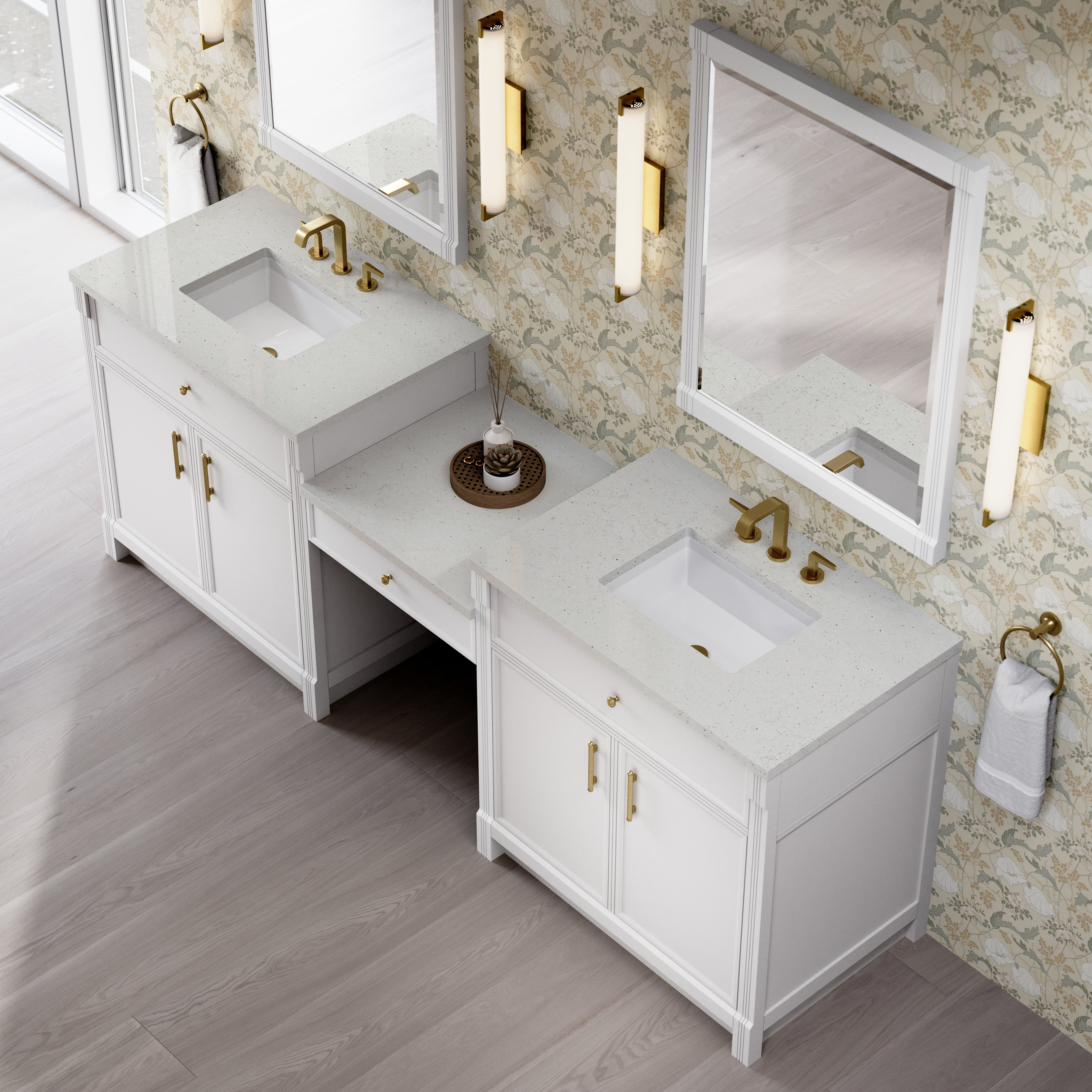 James Martin Bellshire 96" Dual Vanity Set with 24" Make-Up Counter in Bright White with 3cm Countertop