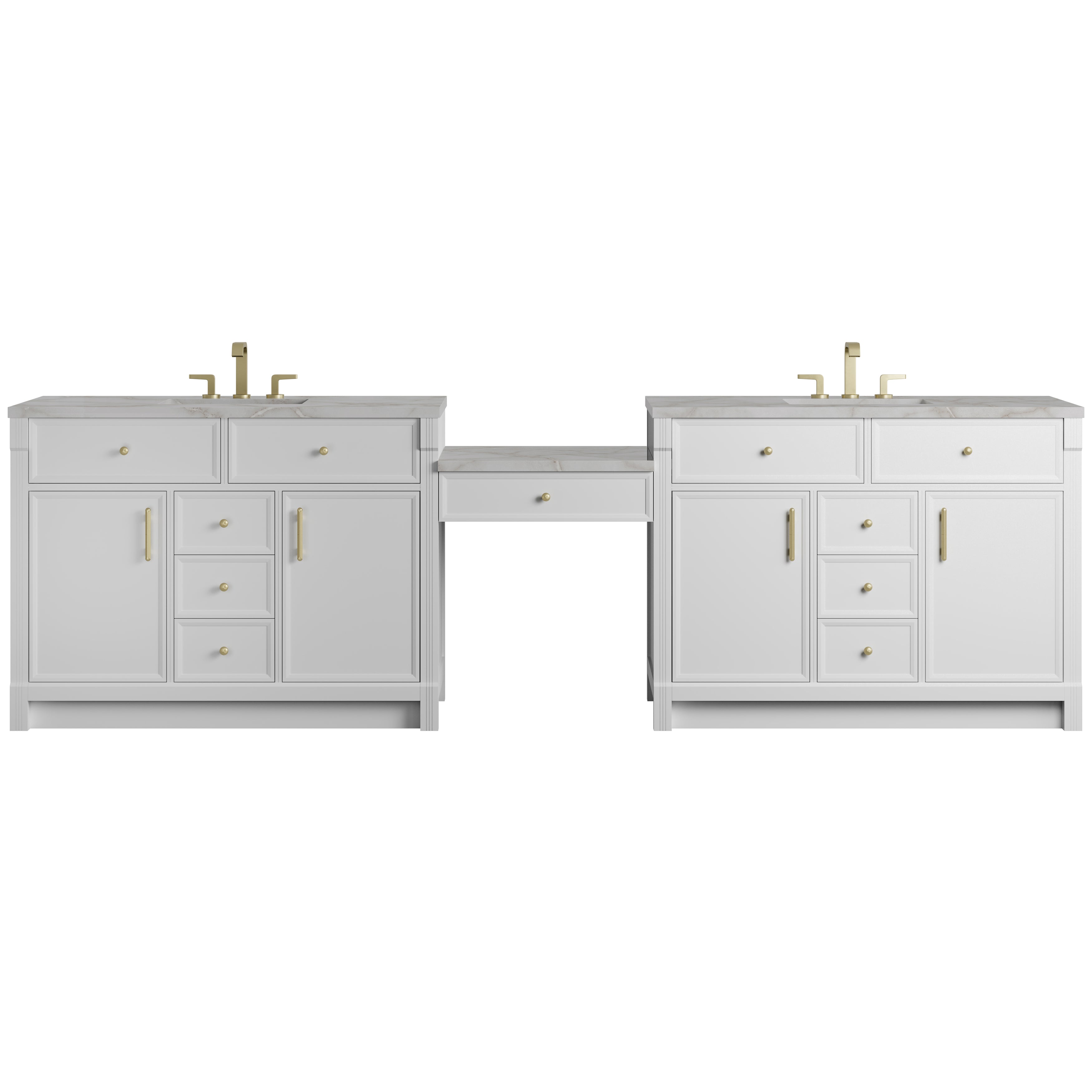 James Martin Bellshire 120" Dual Vanity Set with 24" Make-Up Counter in Bright White with 3cm Countertop and FreePower Wireless Charger