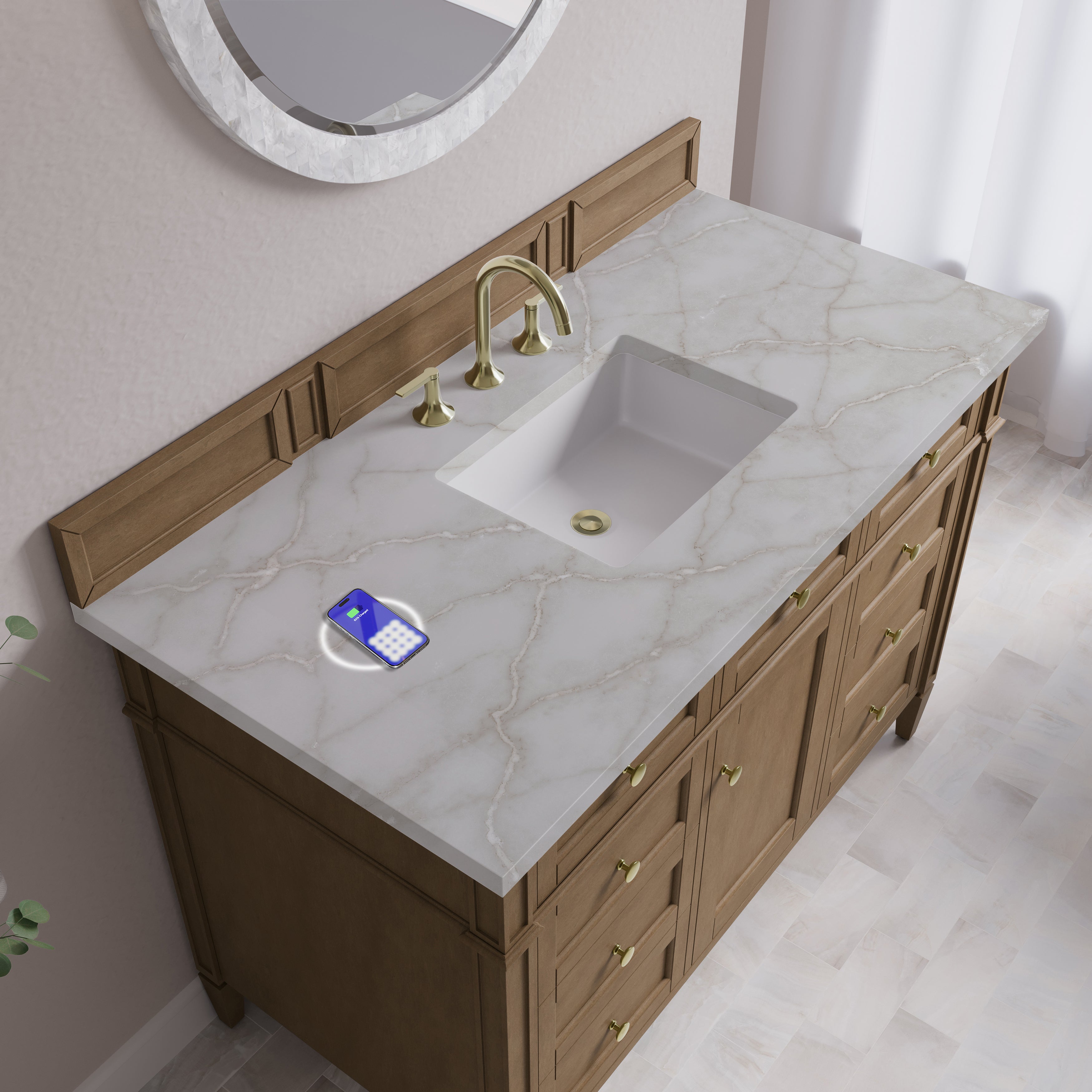 James Martin Brittany 48" Single Vanity in Pecan with 3cm Countertop and FreePower Wireless Charger