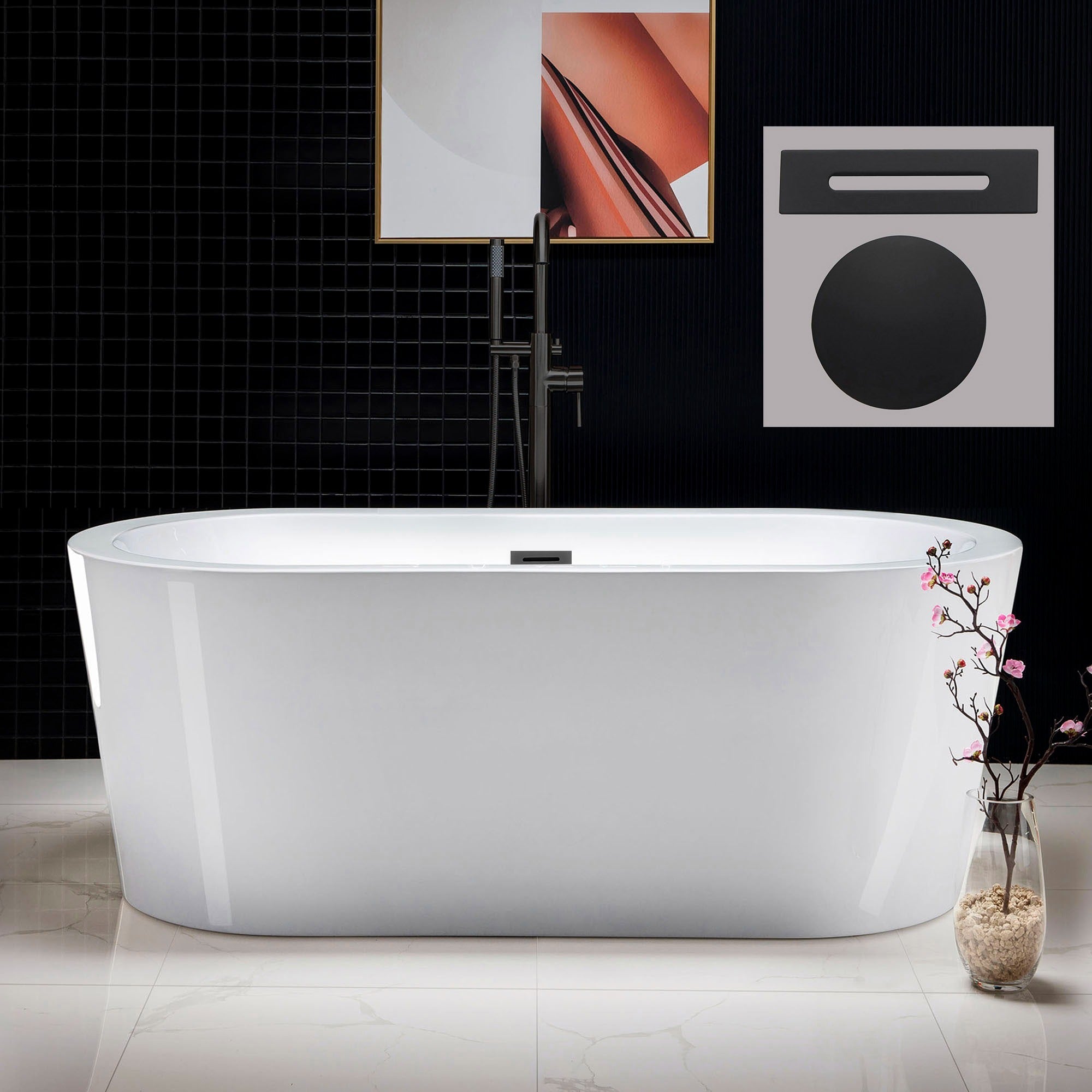 WOODBRIDGE 59" Acrylic Freestanding Bathtub Contemporary Soaking Tub with with Drain & Overflow, B0012