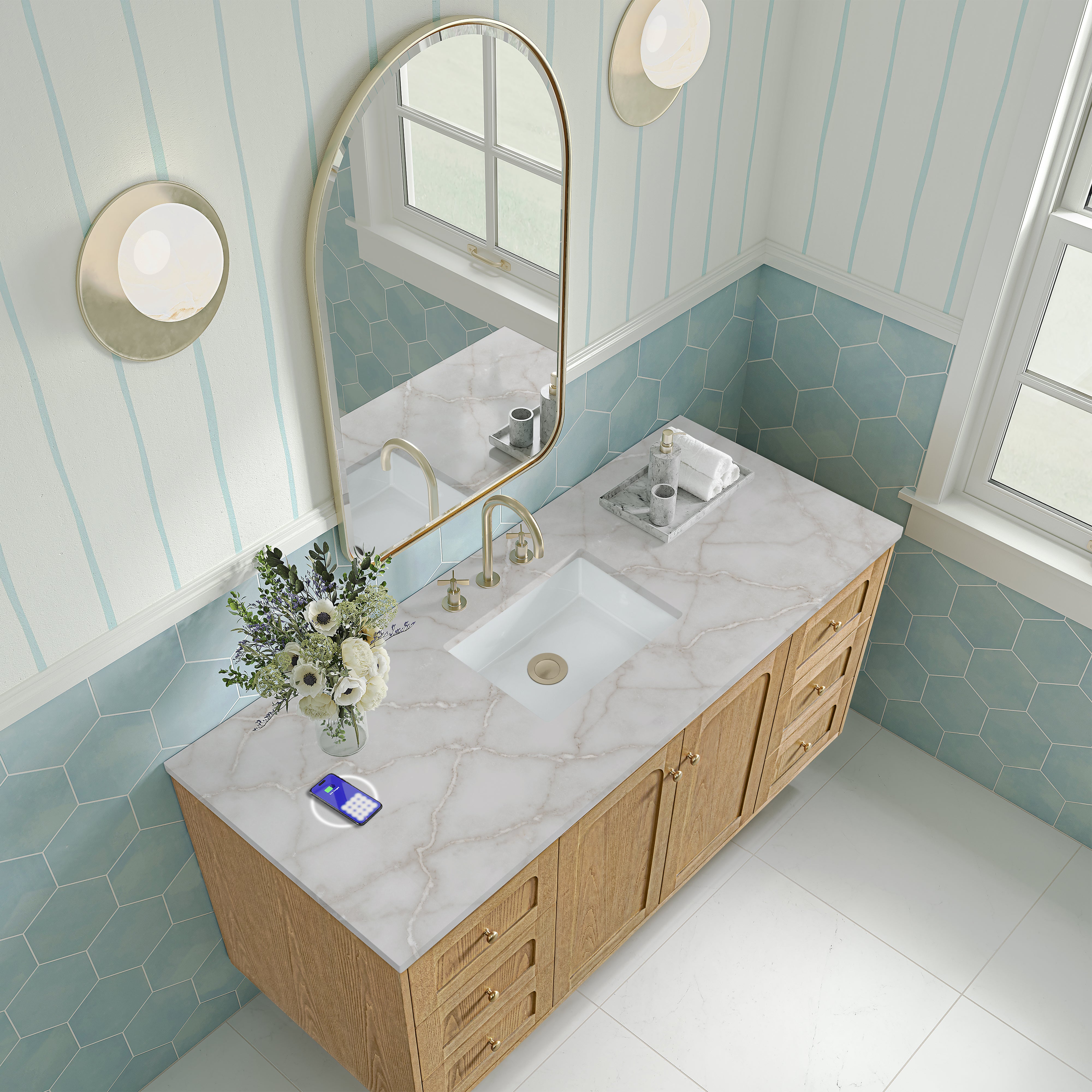 James Martin Laurent 60" Single Vanity in Light Natural Oak with 3cm Countertop and FreePower Wireless Charger