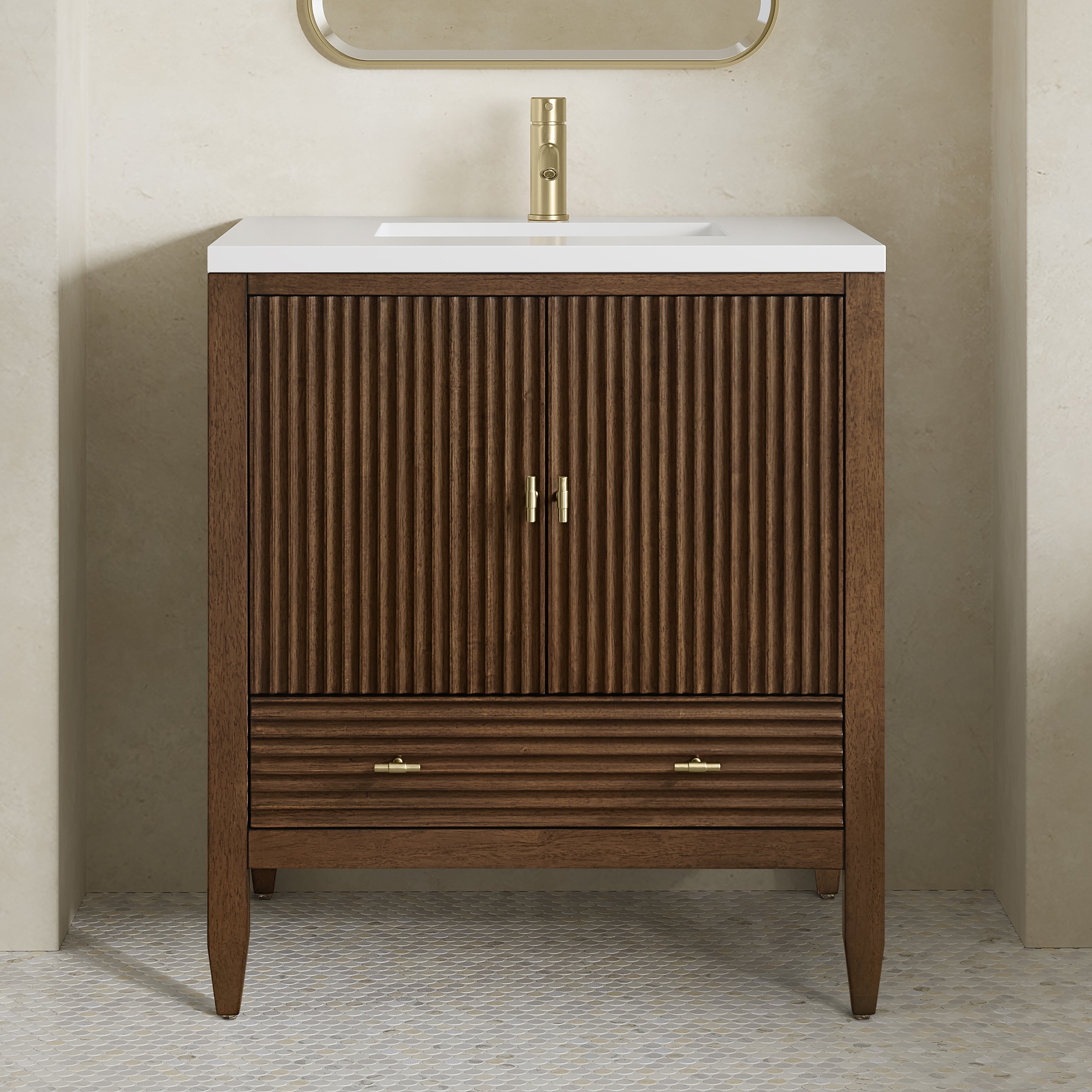 James Martin Myrrin 30" Single Vanity in Mid-Century Walnut with 3cm Countertop