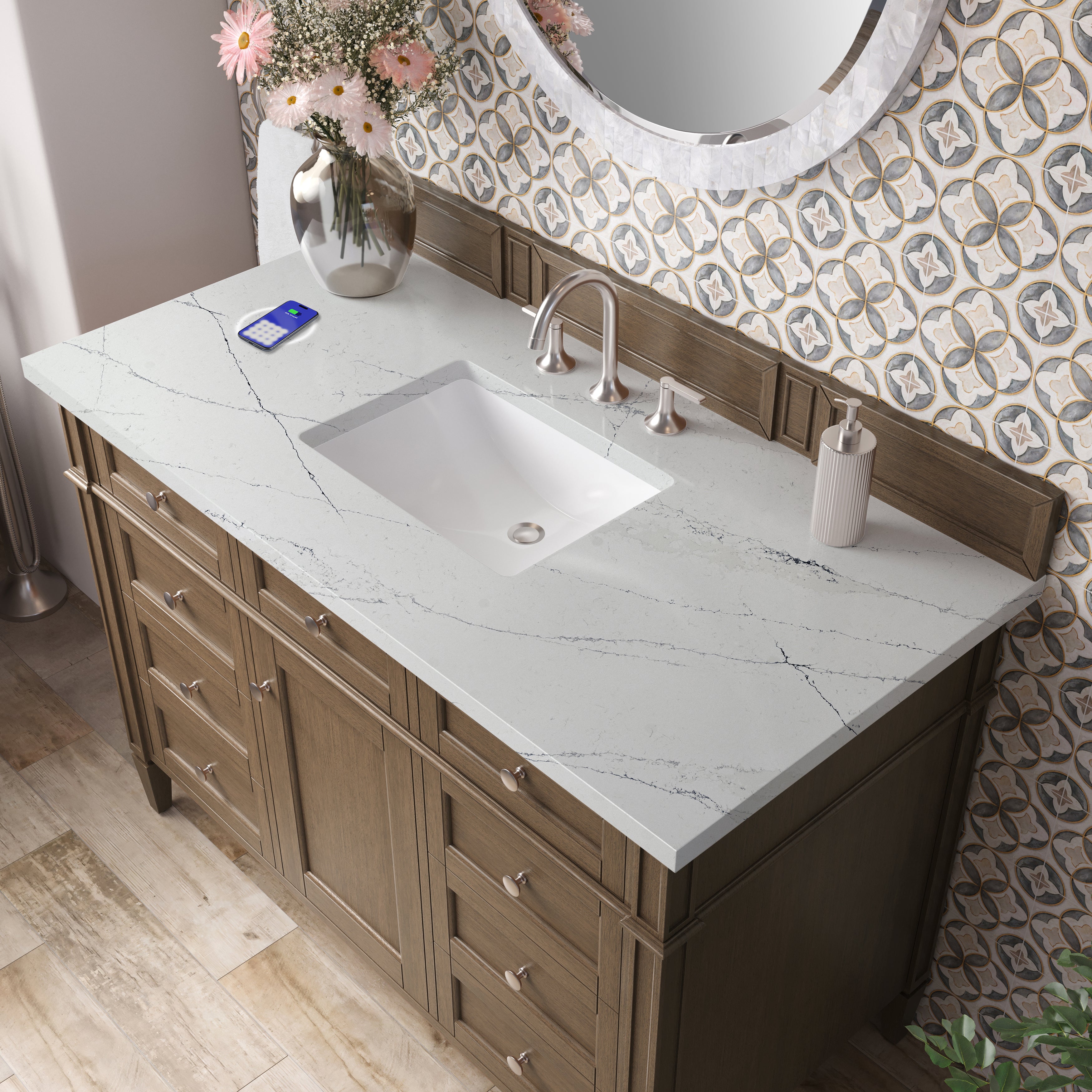 James Martin Brittany 48" Single Vanity in Saddle Brown with with 3cm Countertop and FreePower Wireless Charger