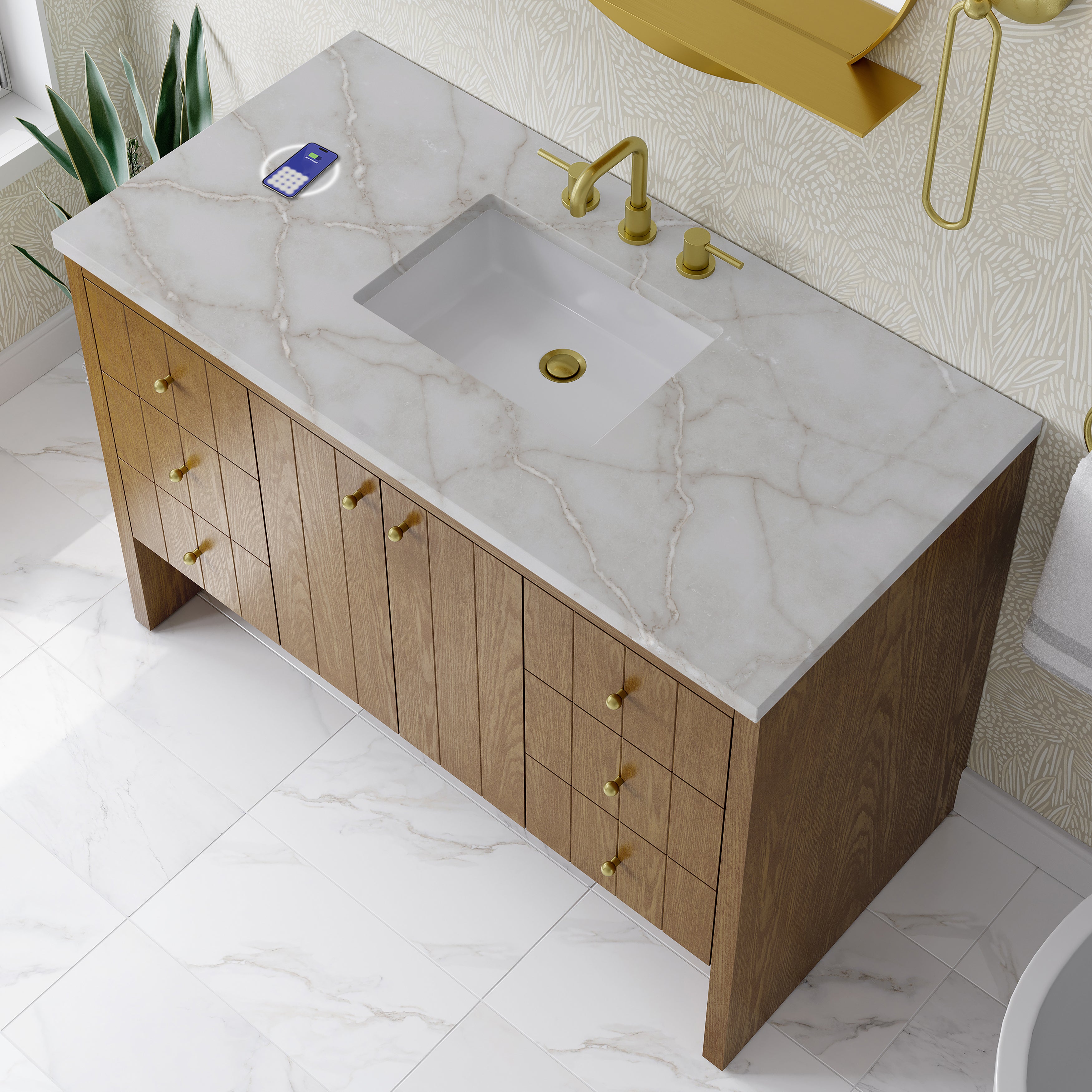 James Martin Hudson 48" Single Vanity in Honey Oak with 3cm Countertop and FreePower Wireless Charger