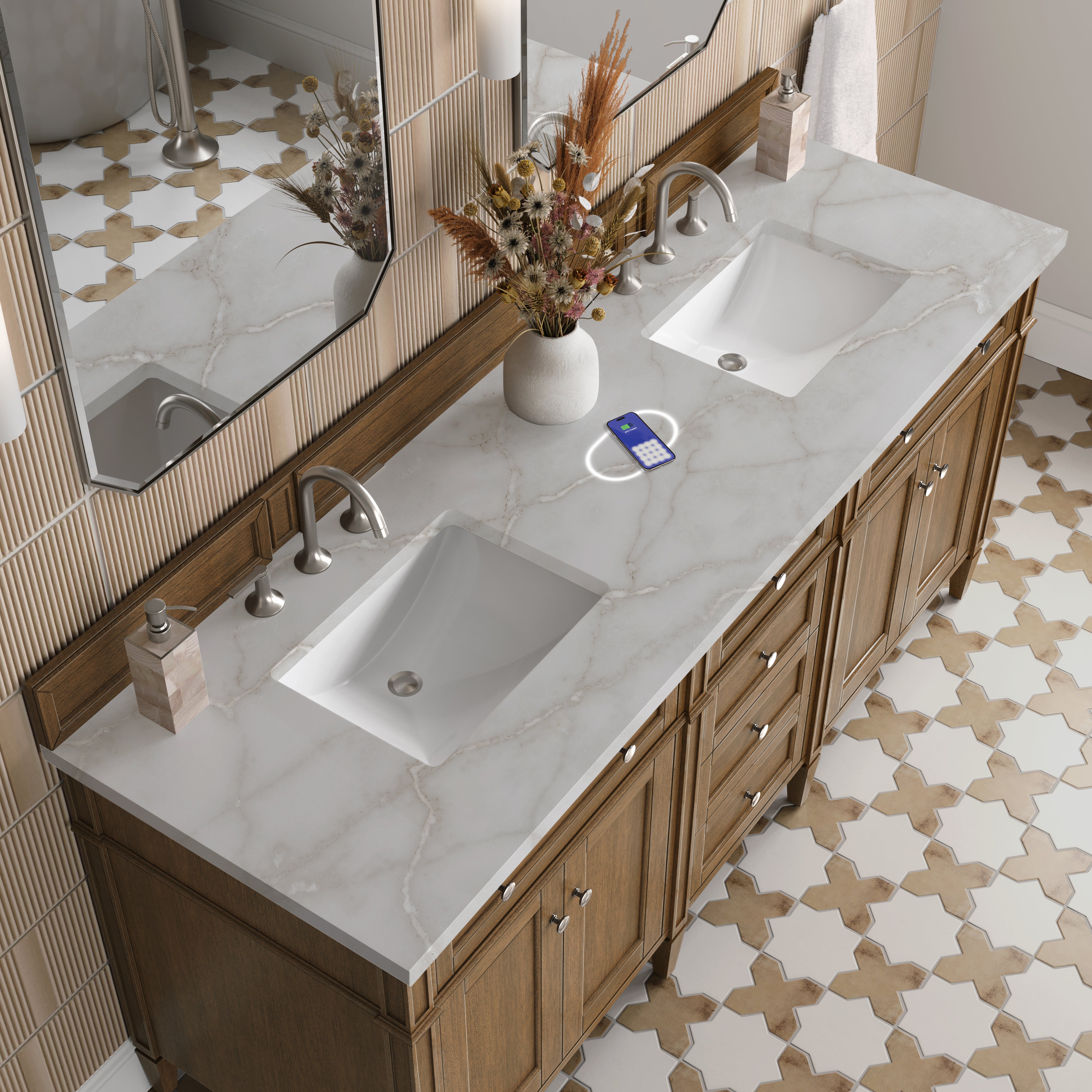 James Martin Brittany 72" Double Vanity in Saddle Brown with 3cm Countertop and FreePower Wireless Charger