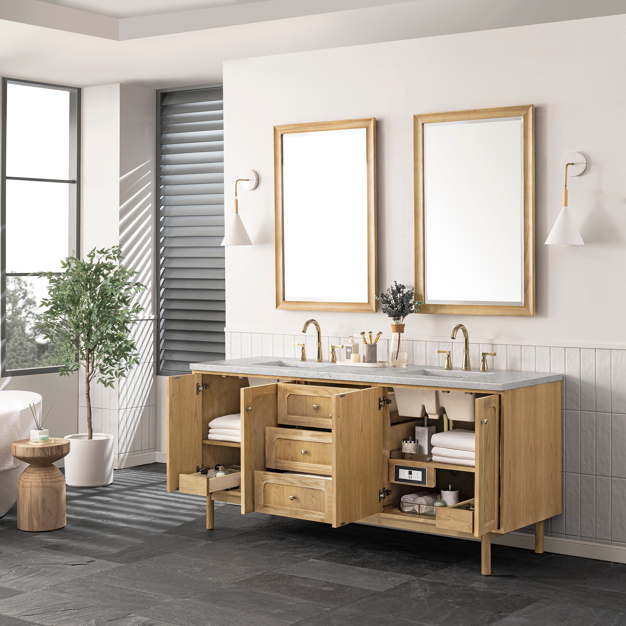 James Martin Laurent 72" Double Vanity in Light Natural Oak with 3cm Countertop and FreePower Wireless Charger