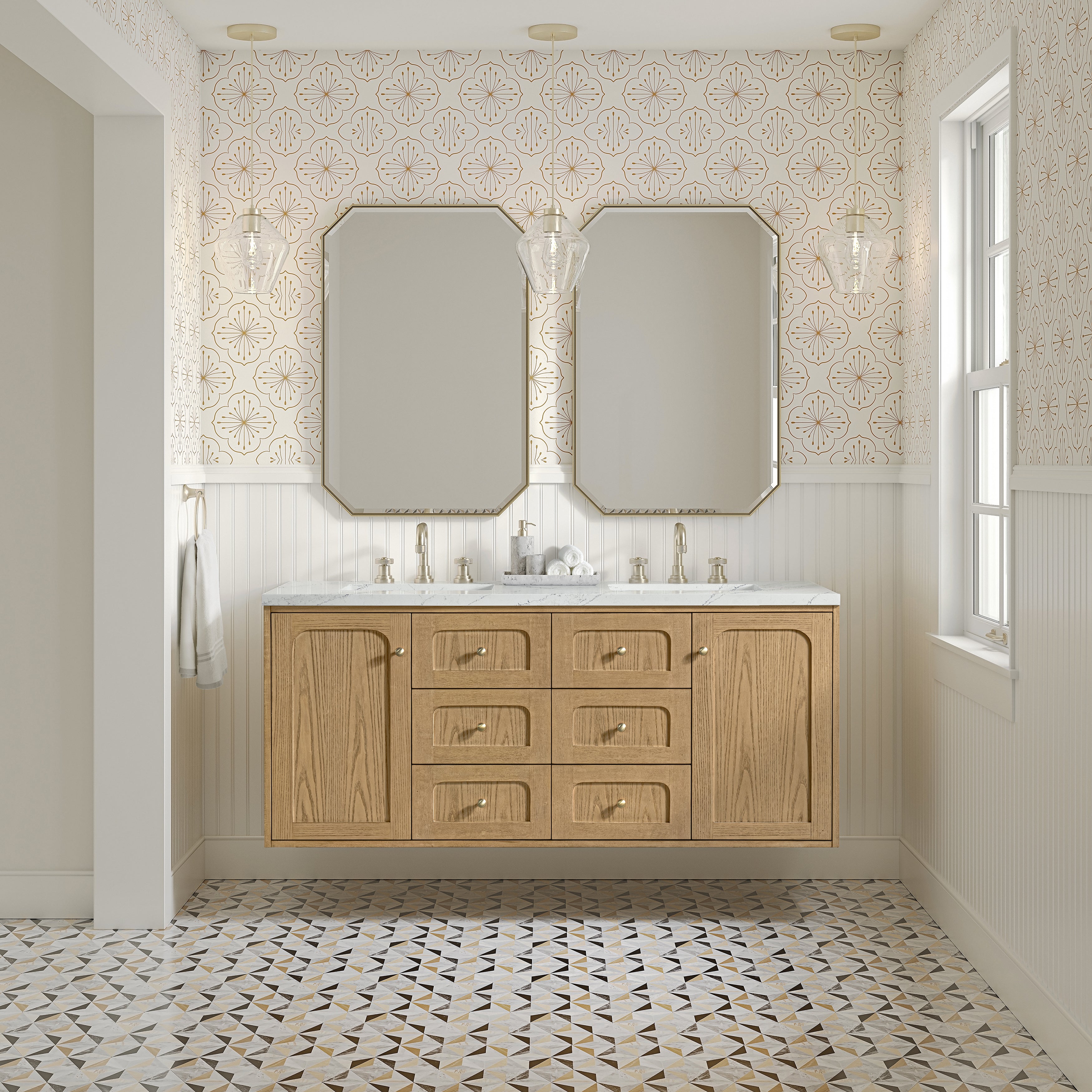 James Martin Laurent 60" Double Vanity in Light Natural Oak with 3cm Countertop and FreePower Wireless Charger