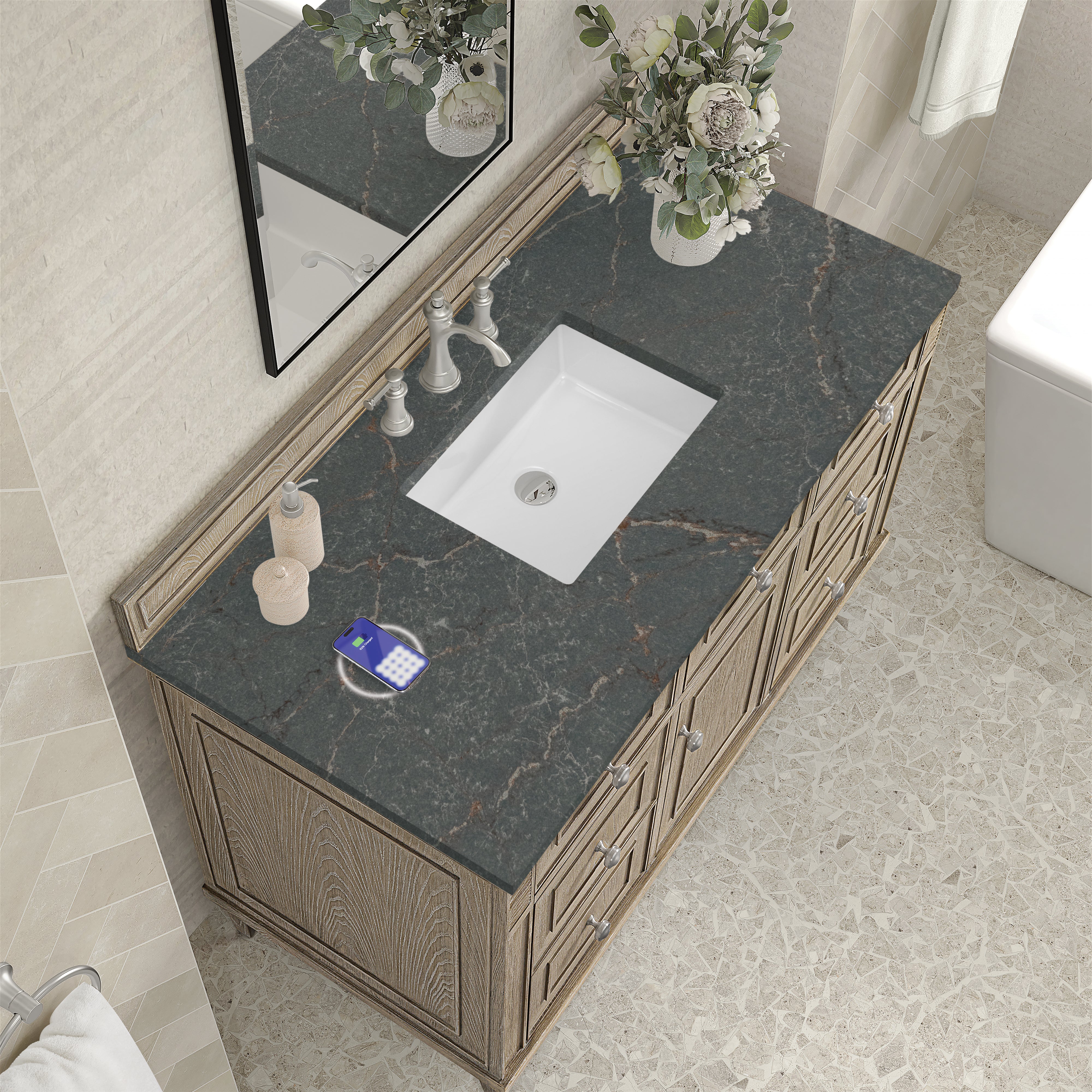 James Martin Lorelai 48" Single Vanity in Whitewashed Oak with 3cm Countertop and FreePower Wireless Charger
