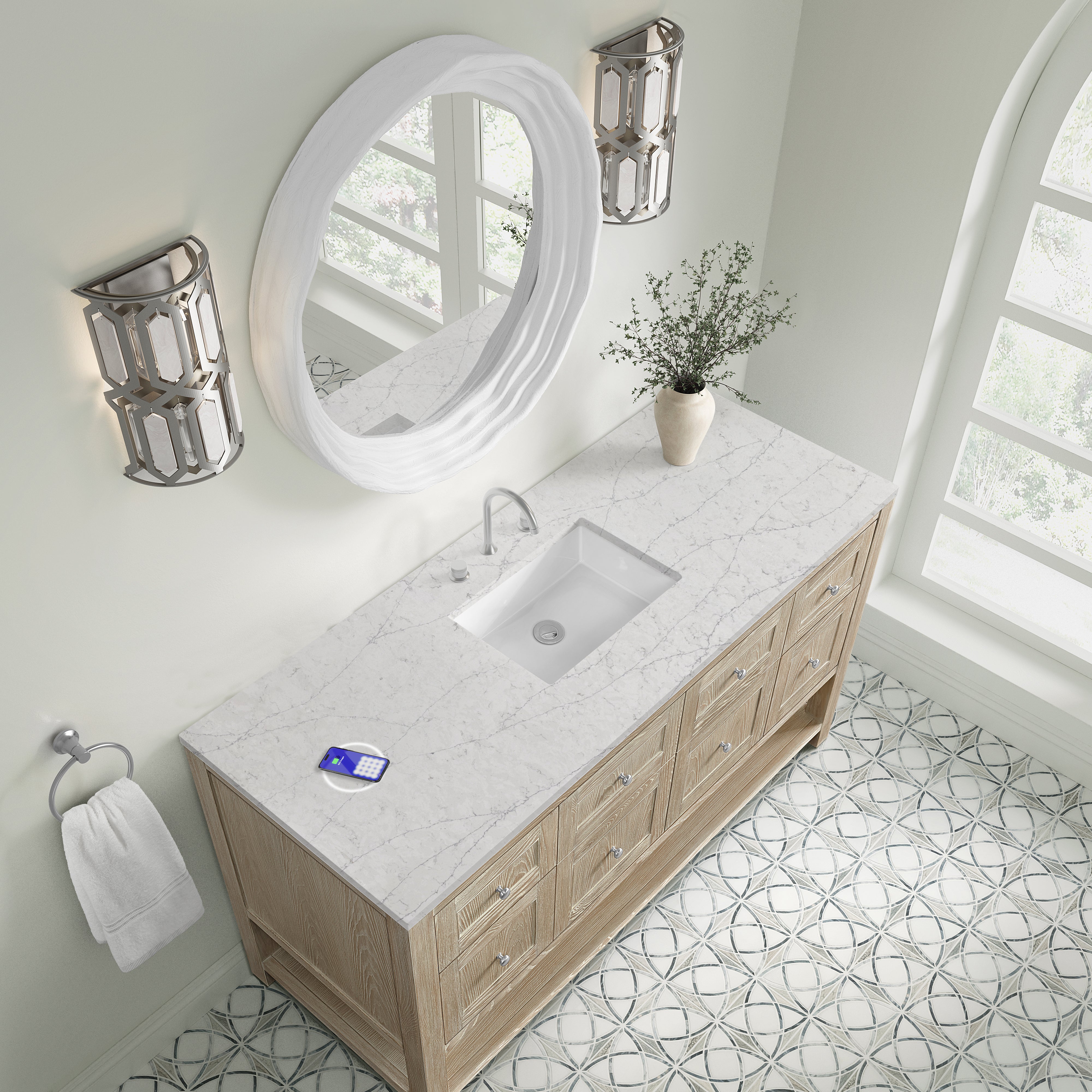 James Martin Breckenridge 60" Single Vanity in Whitewashed Oak with 3cm Countertop and FreePower Wireless Charger