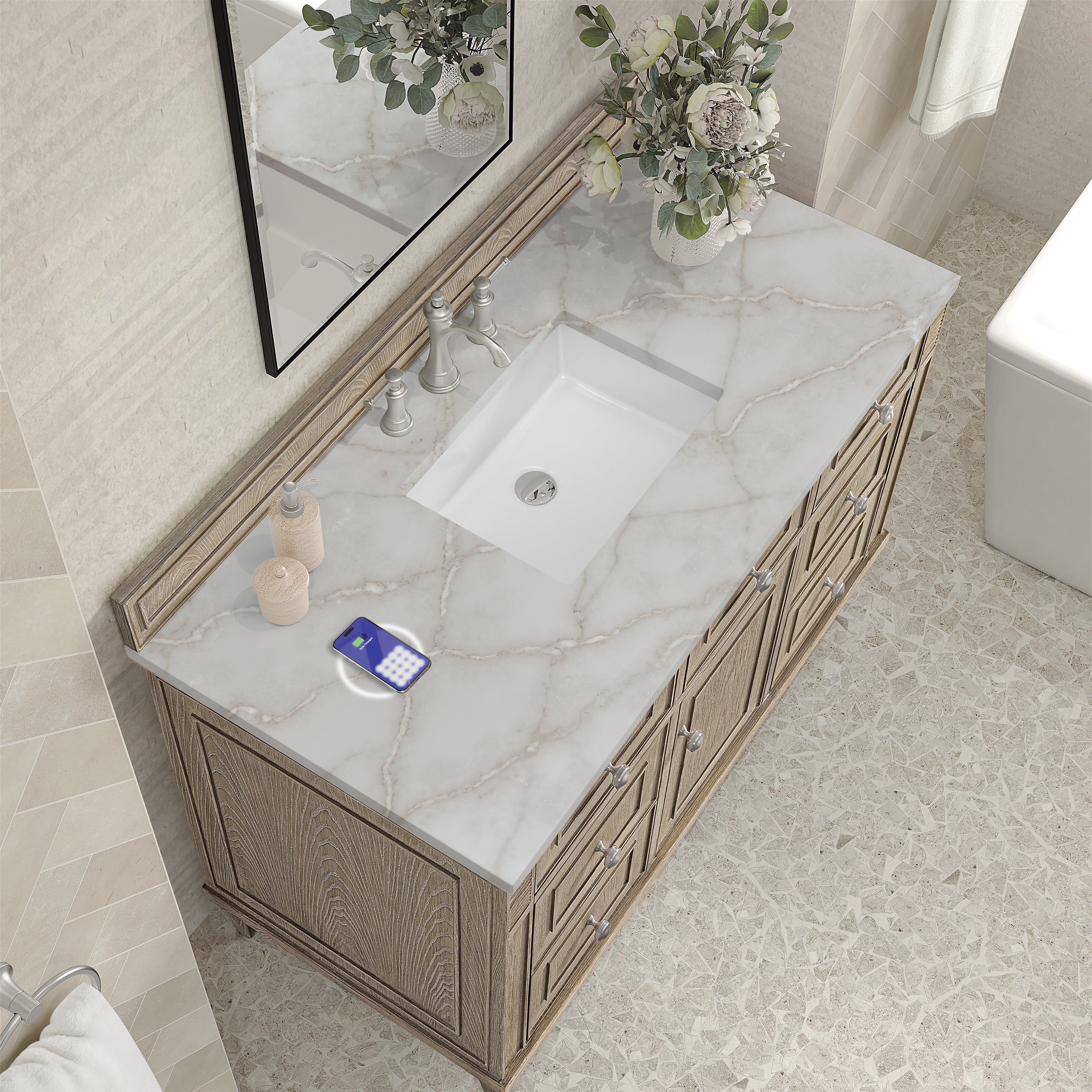 James Martin Lorelai 48" Single Vanity in Whitewashed Oak with 3cm Countertop and FreePower Wireless Charger