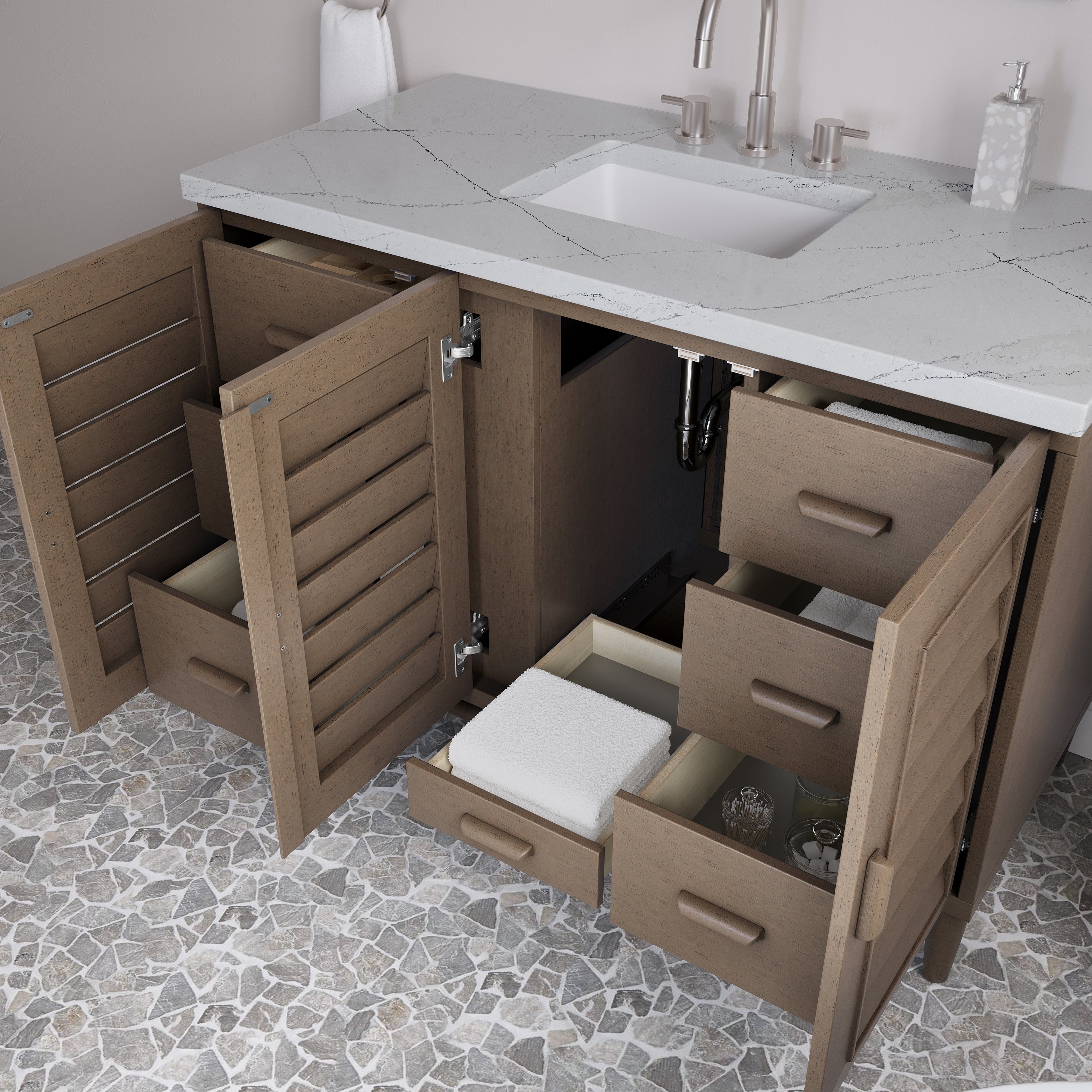 James Martin Portland 48" Single Vanity in Whitewashed Walnut with 3cm Countertop and FreePower Wireless Charger
