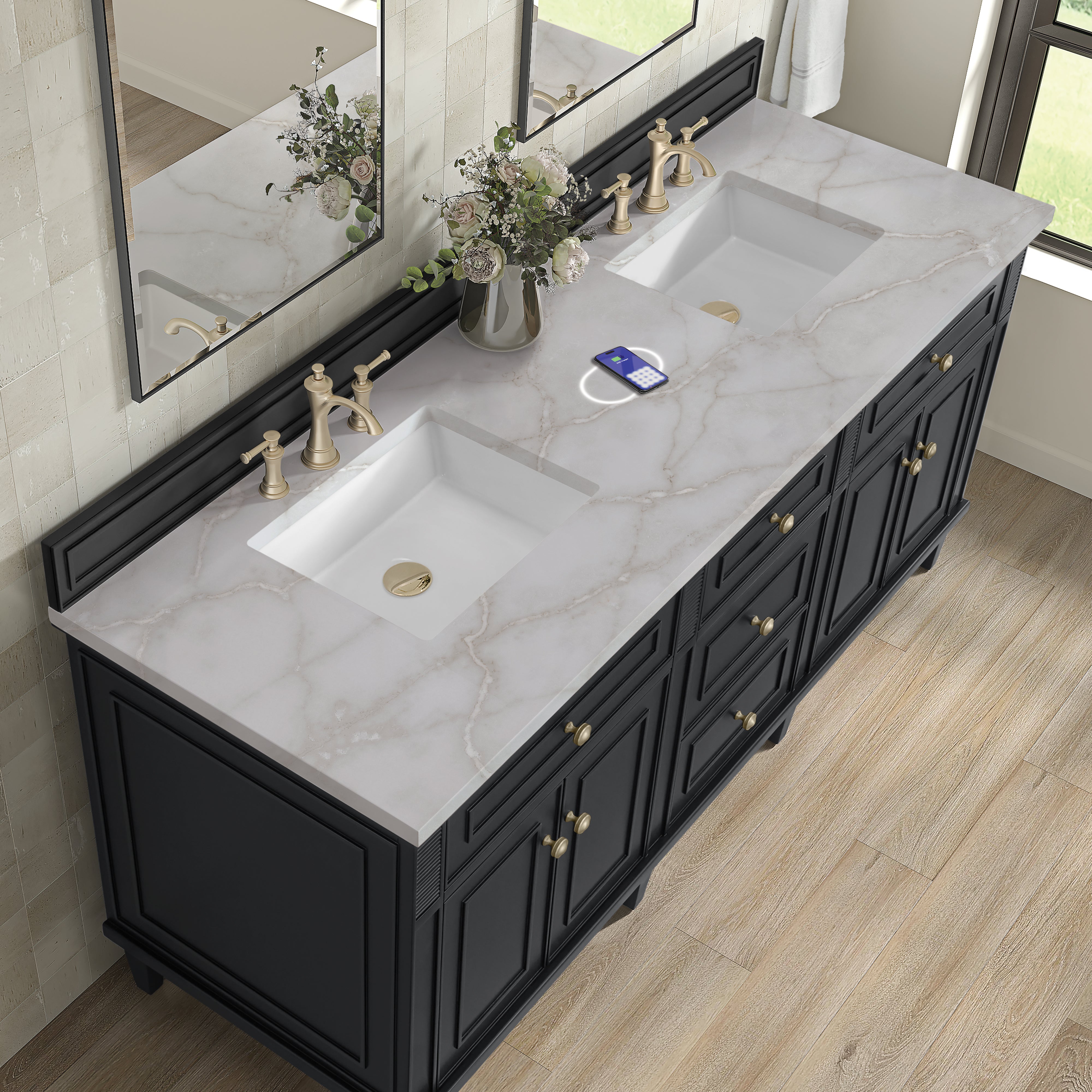 James Martin Lorelai 72" Double Vanity in Black Onyx with 3cm Countertop and FreePower Wireless Charger