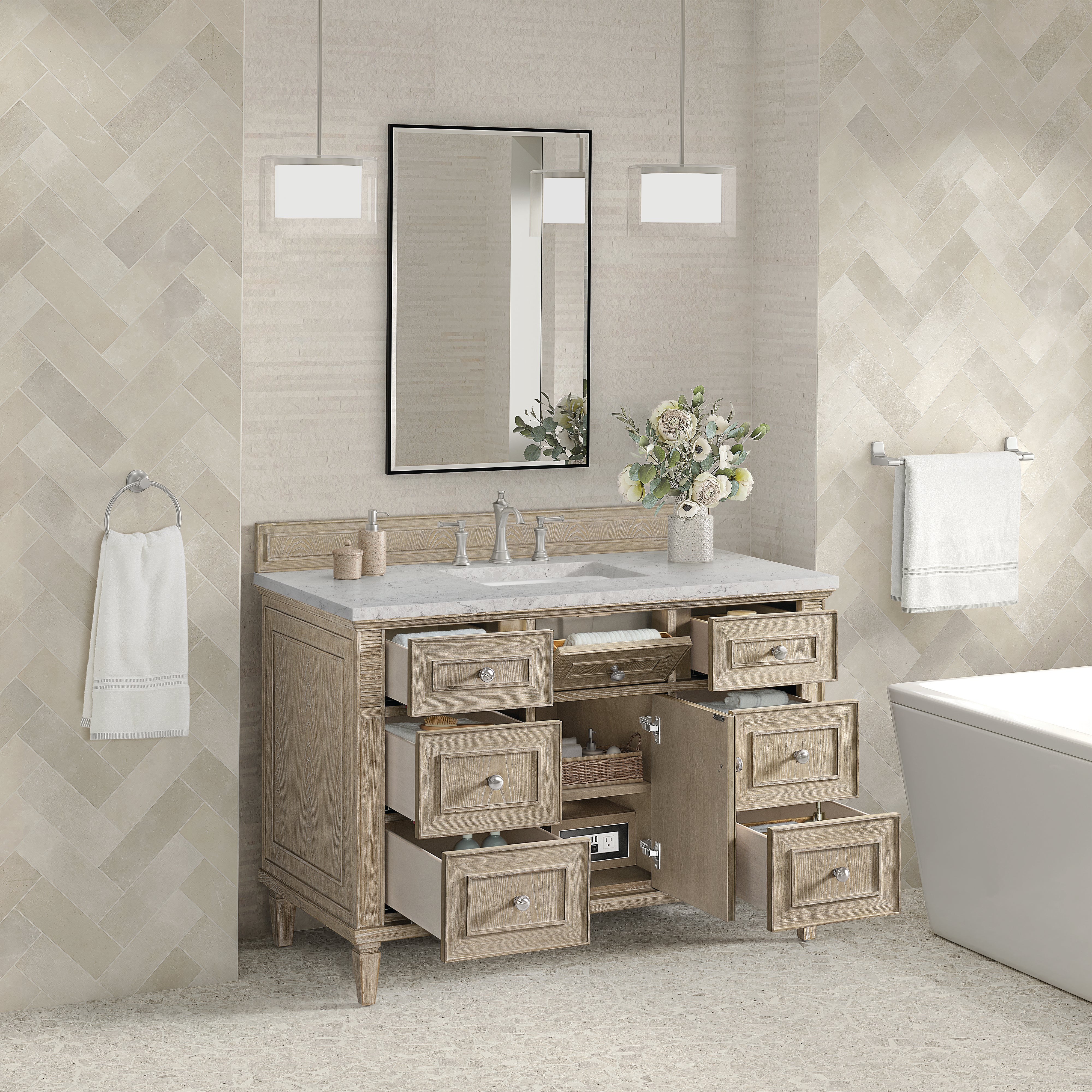 James Martin Lorelai 48" Single Vanity in Whitewashed Oak with 3cm Countertop and FreePower Wireless Charger