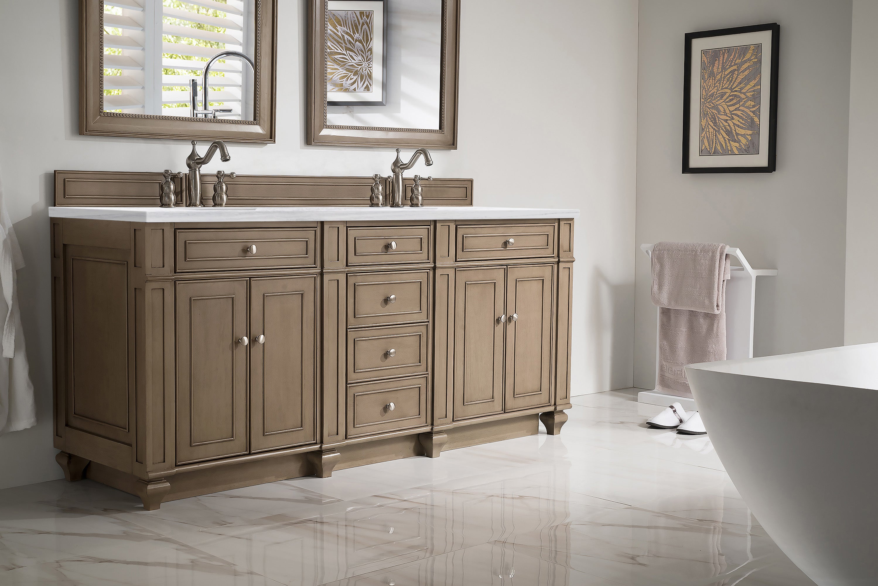 James Martin Bristol 72" Double Vanity in Whitewashed Walnut with 3cm Countertop