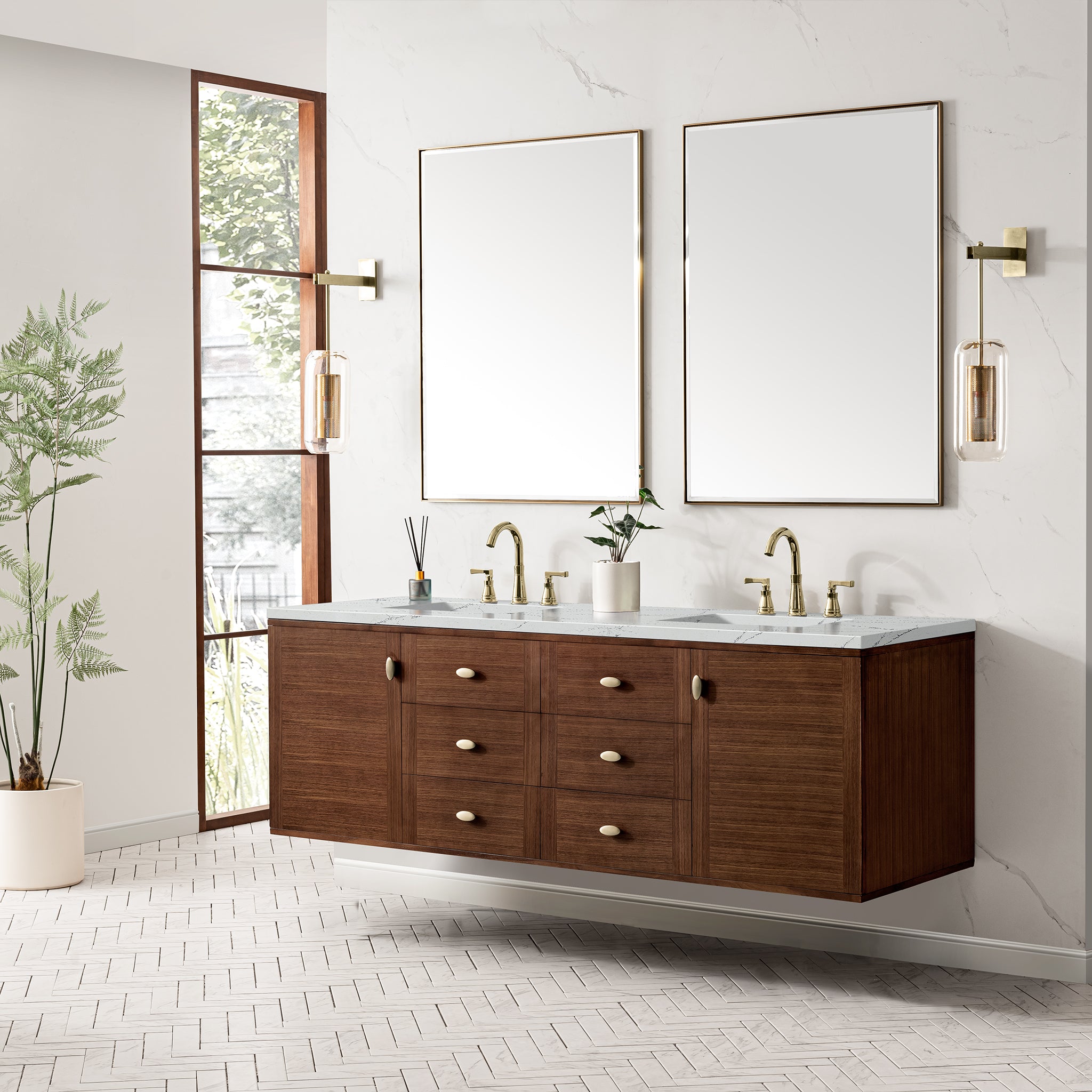 James Martin Amberly 72" Double Vanity in Mid-Century Walnut with 3cm Countertop and FreePower Wireless Charger