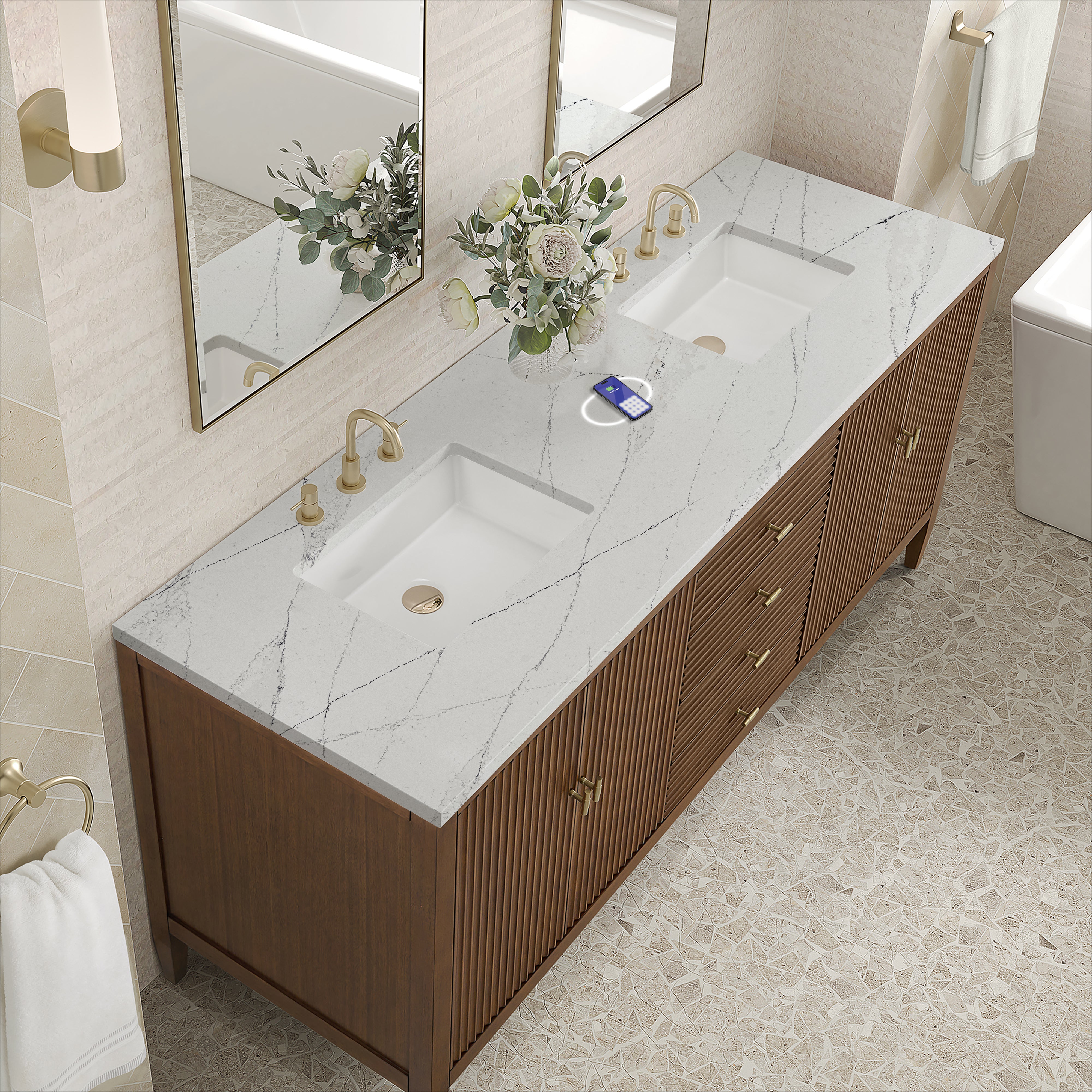 James Martin Myrrin 72" Double Vanity in Mid Century Walnut with 3cm Countertop and FreePower Wireless Charger