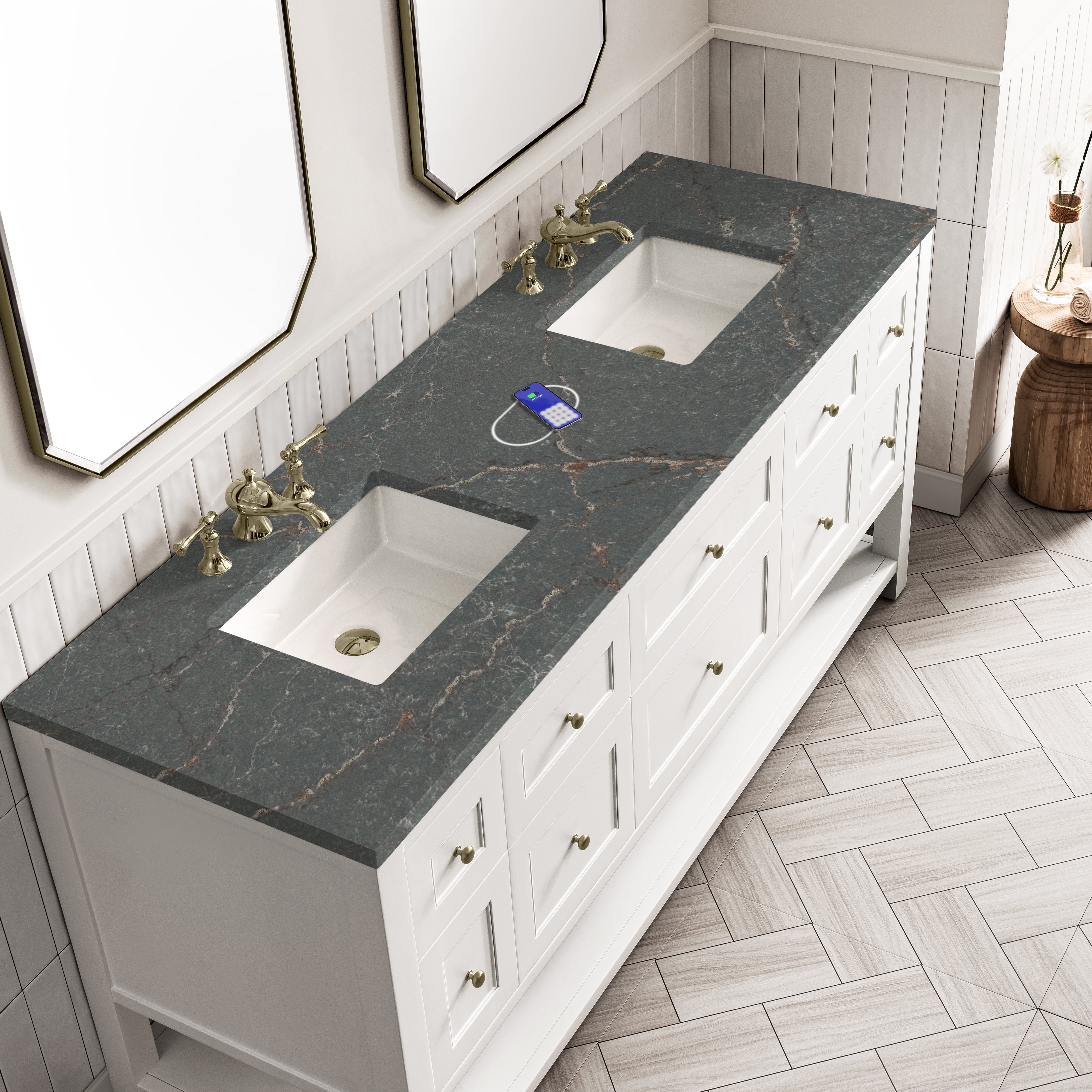 James Martin Breckenridge 72" Double Vanity in Bright White with 3cm Countertop and FreePower Wireless Charger