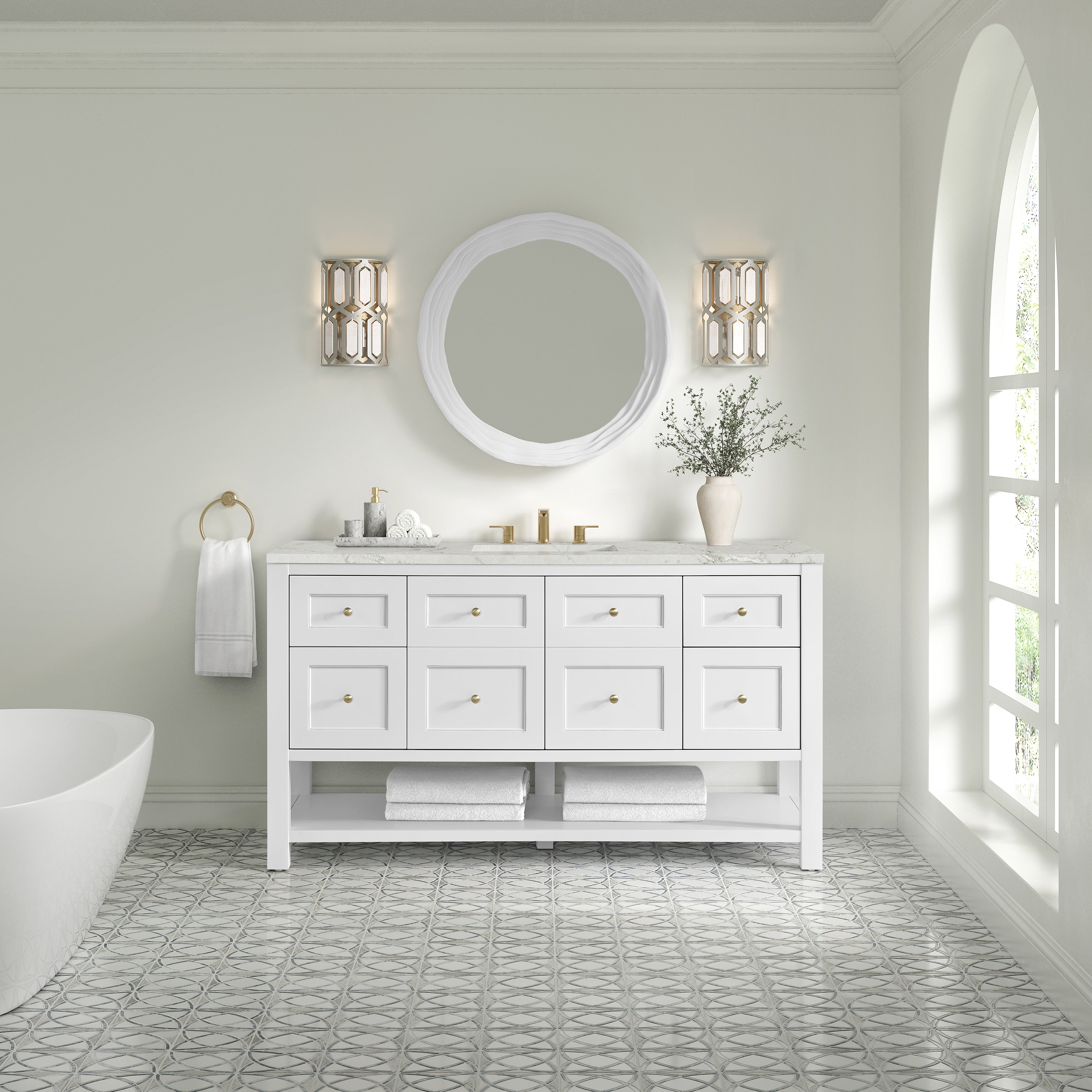 James Martin Breckenridge 60" Single Vanity in Bright White with 3cm Countertop and FreePower Wireless Charger