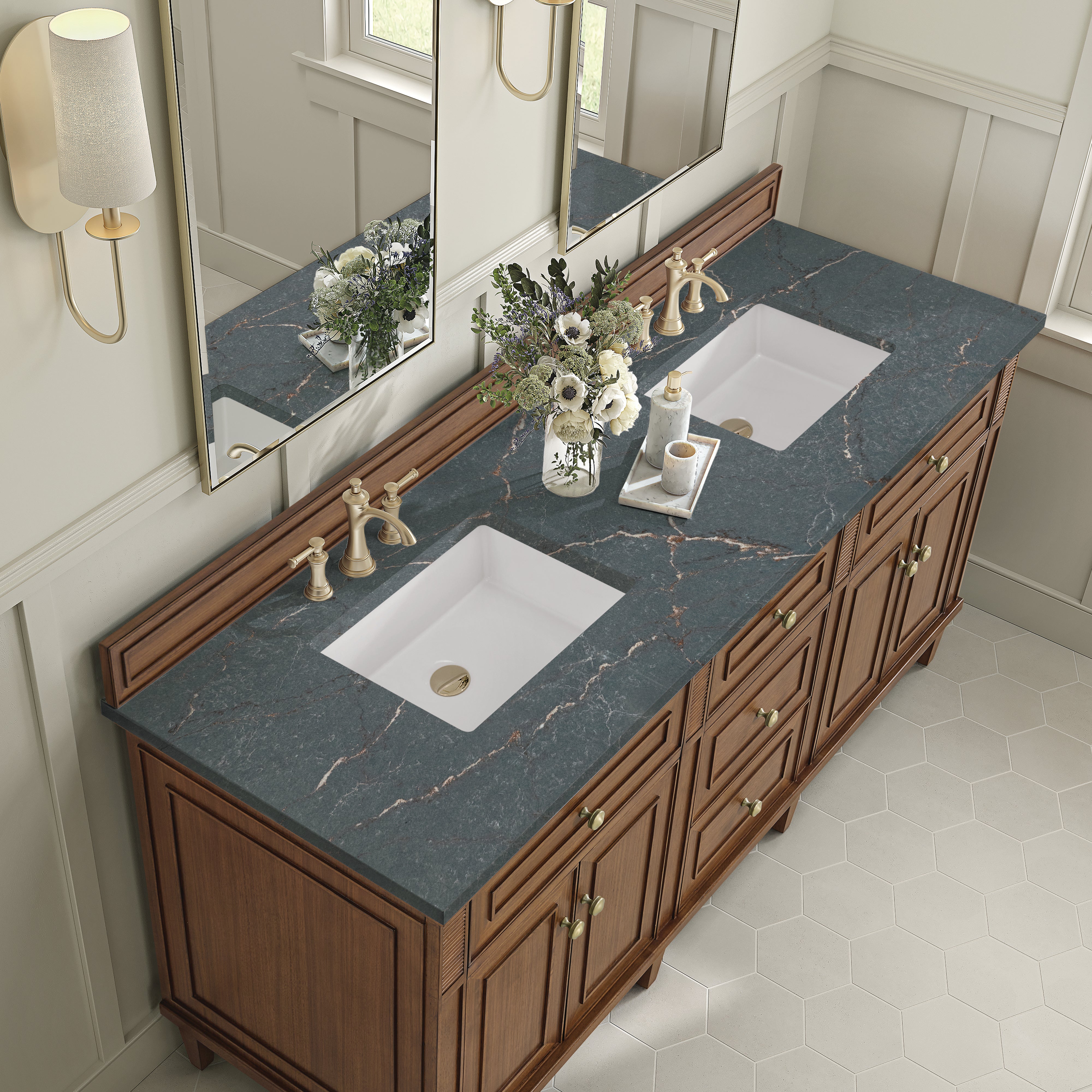 James Martin Lorelai 72"Double Vanity in Mid-Century Walnut with 3cm Countertop