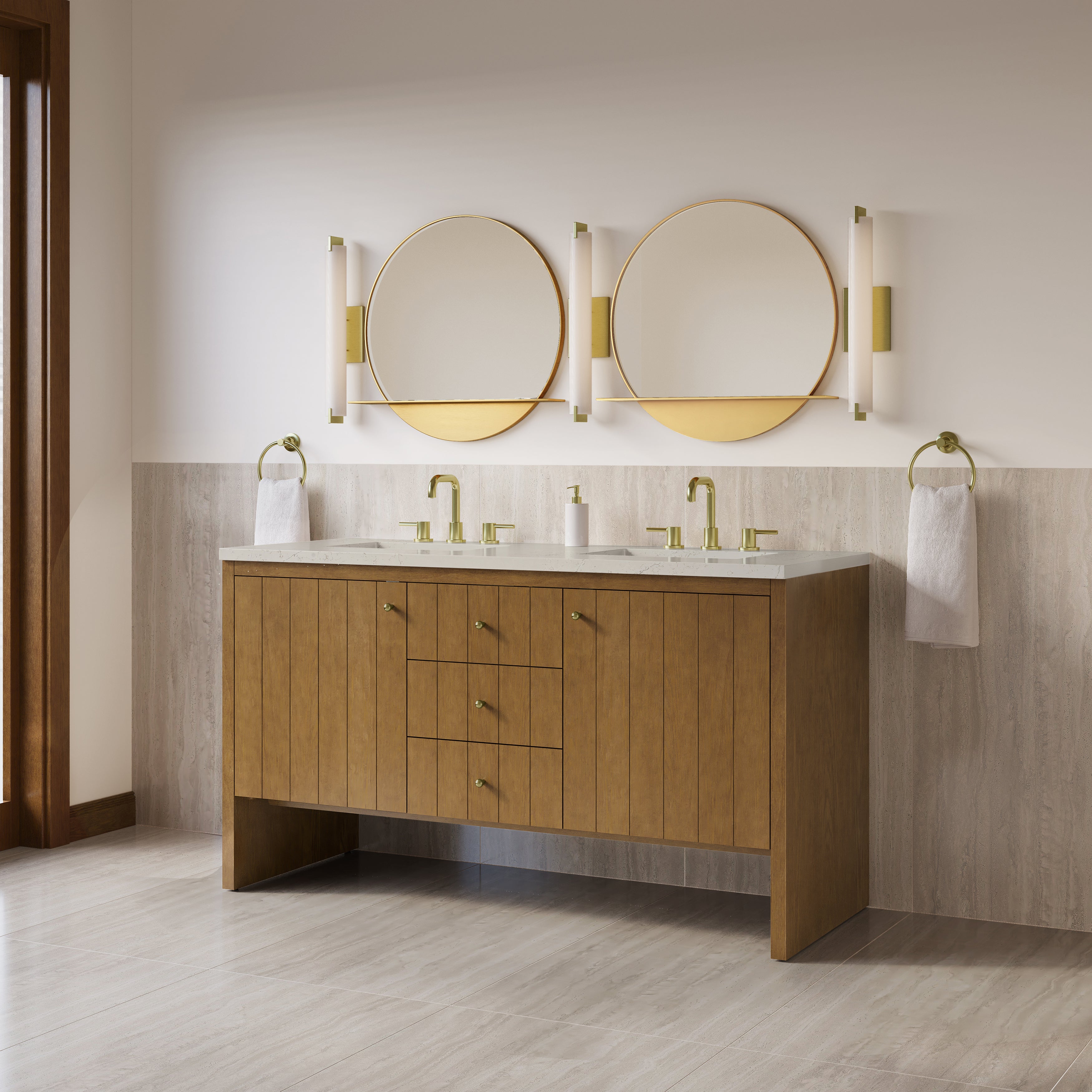 James Martin Hudson 60" Double Vanity in Honey Oak with 3cm Countertop and FreePower Wireless Charger