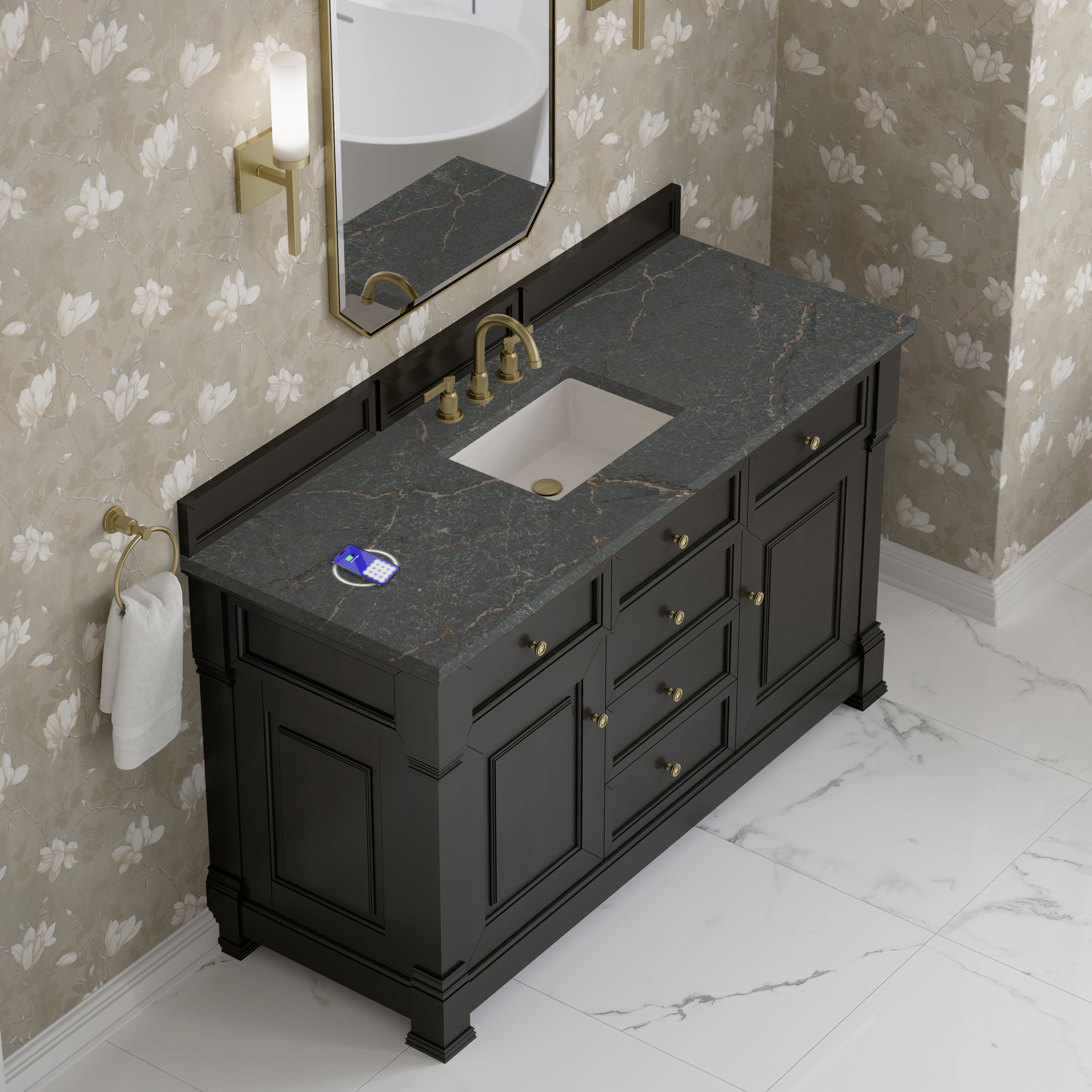 James Martin Brookfield 60" Single Vanity in Black Onyx with 3cm Countertop and FreePower Wireless Charger