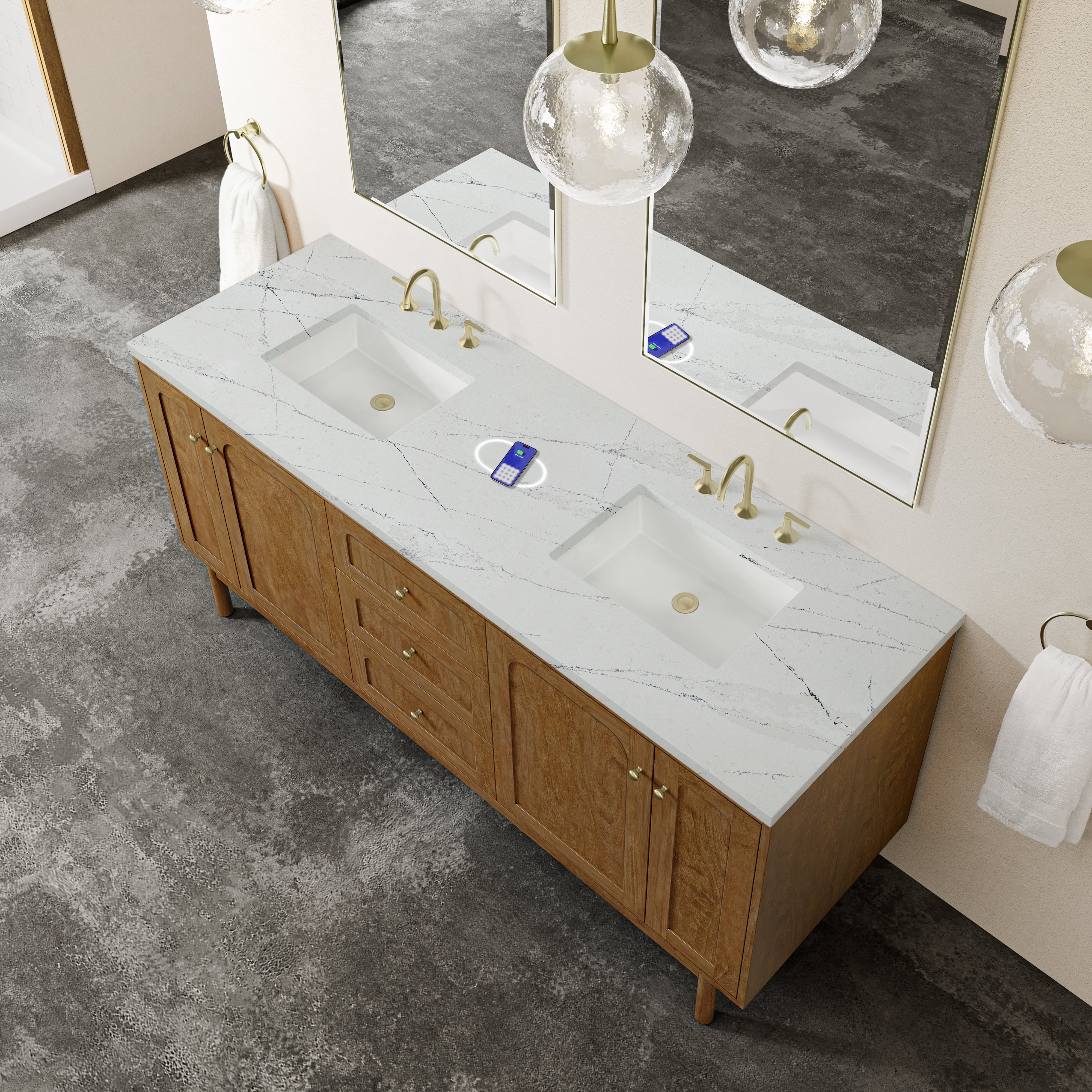 James Martin Laurent 72" Double Vanity in Honey Oak with 3cm Countertop and FreePower Wireless Charger