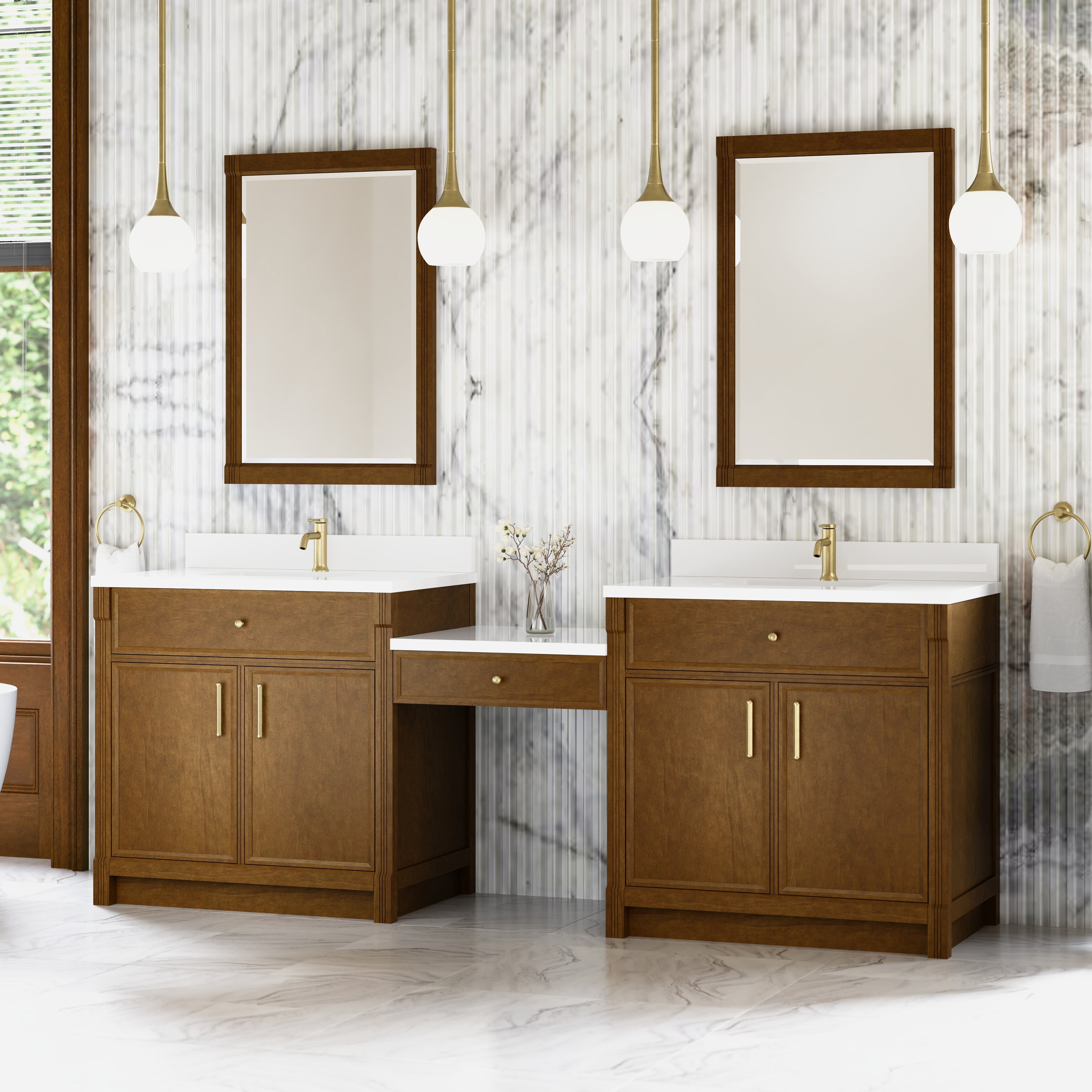 James Martin Bellshire 96" Dual Vanity Set with 24" Make-Up Counter in Honey Oak with 3cm Countertop