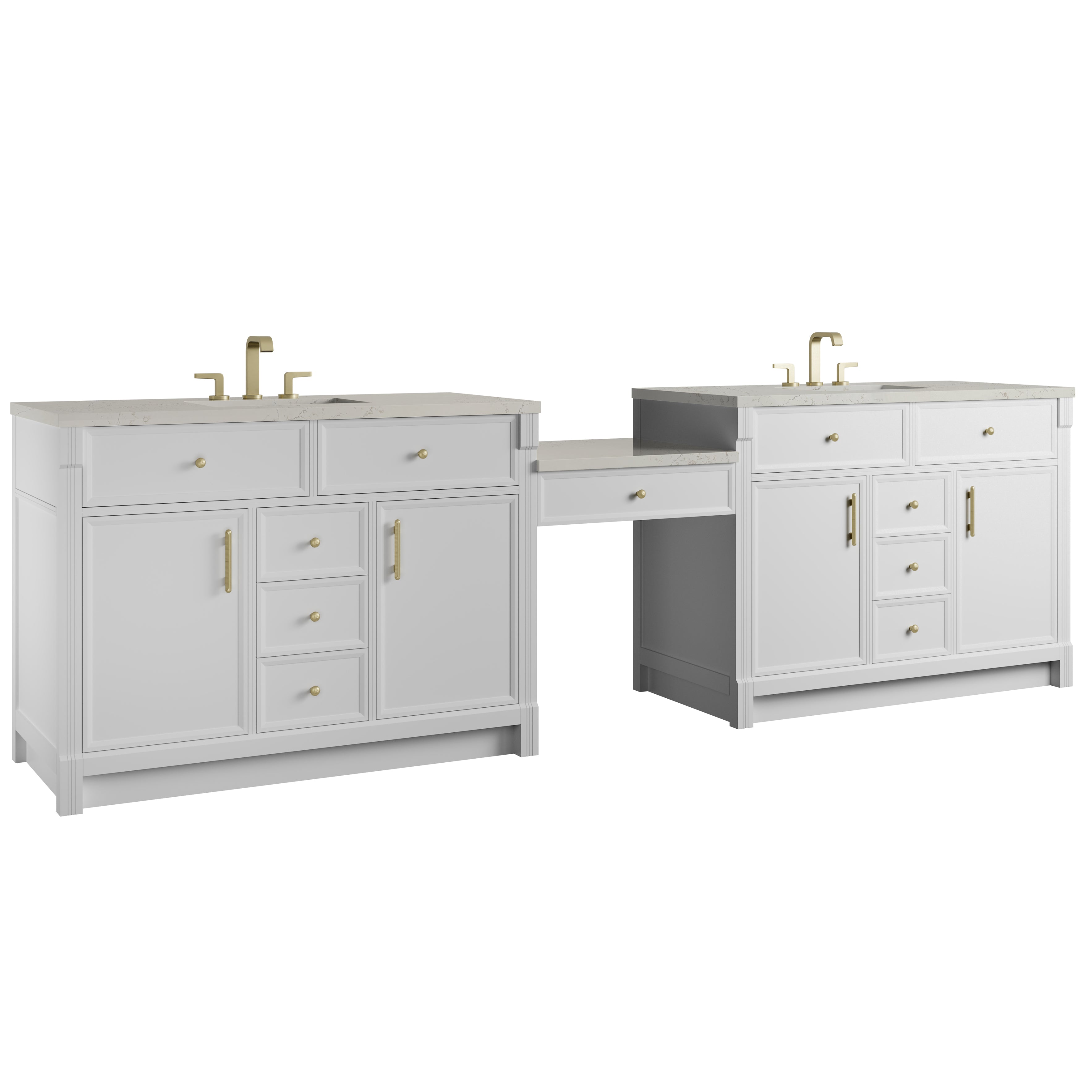 James Martin Bellshire 120" Dual Vanity Set with 24" Make-Up Counter in Bright White with 3cm Countertop