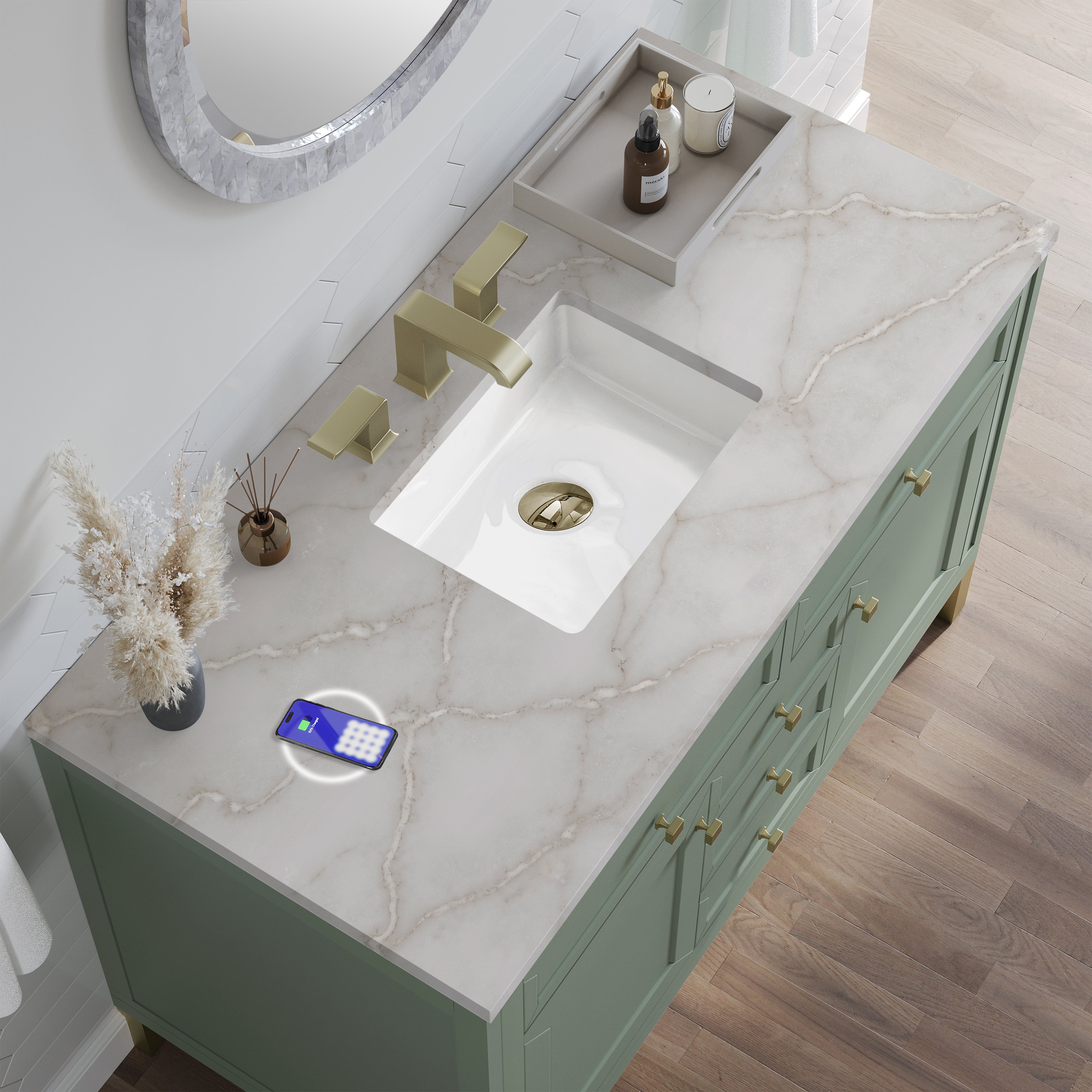 James Martin Chicago 48" Single Vanity in Smokey Celadon with 3cm Countertop and FreePower Wireless Charger