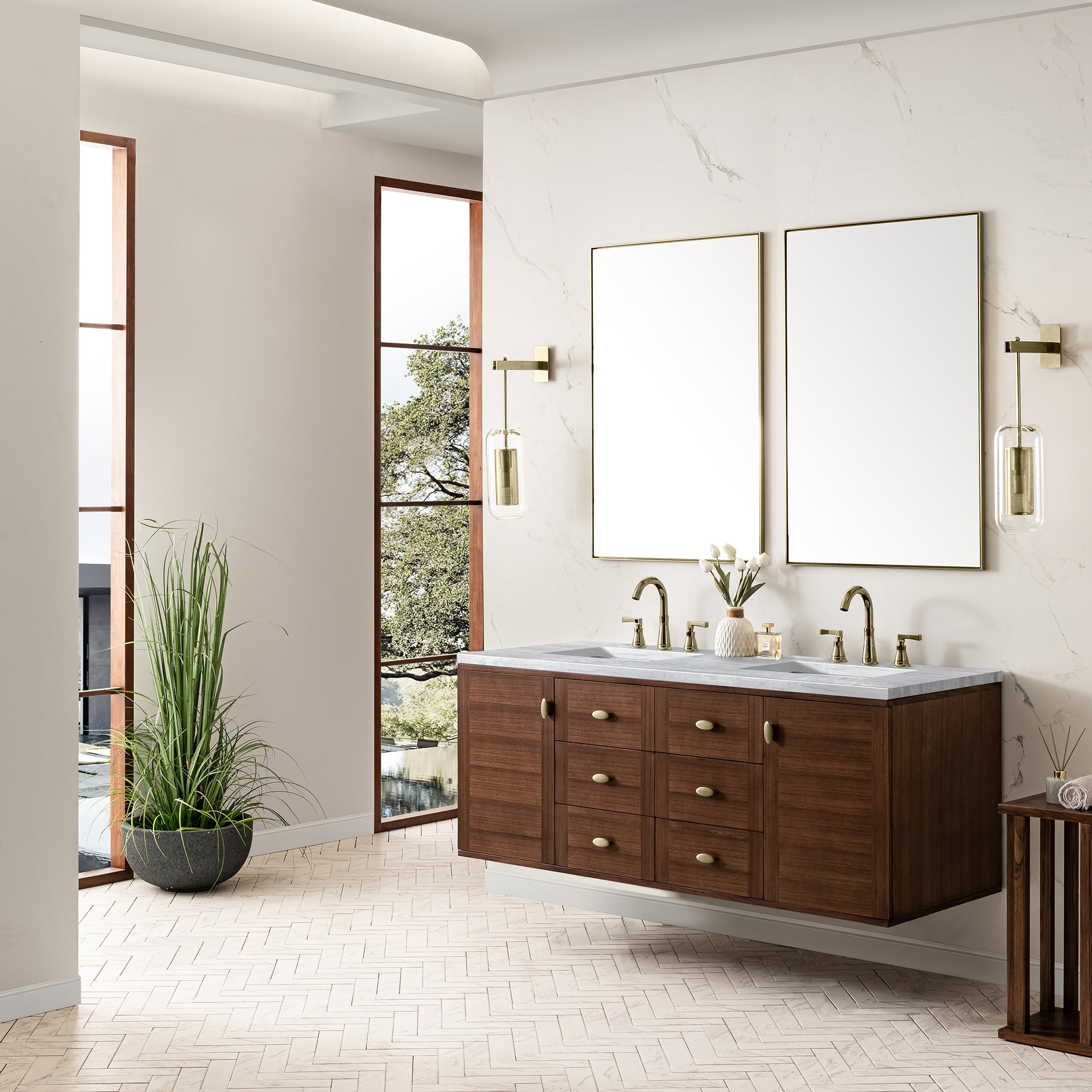 James Martin Amberly 60" Double Vanity in Mid-Century Walnut with 3cm Countertop
