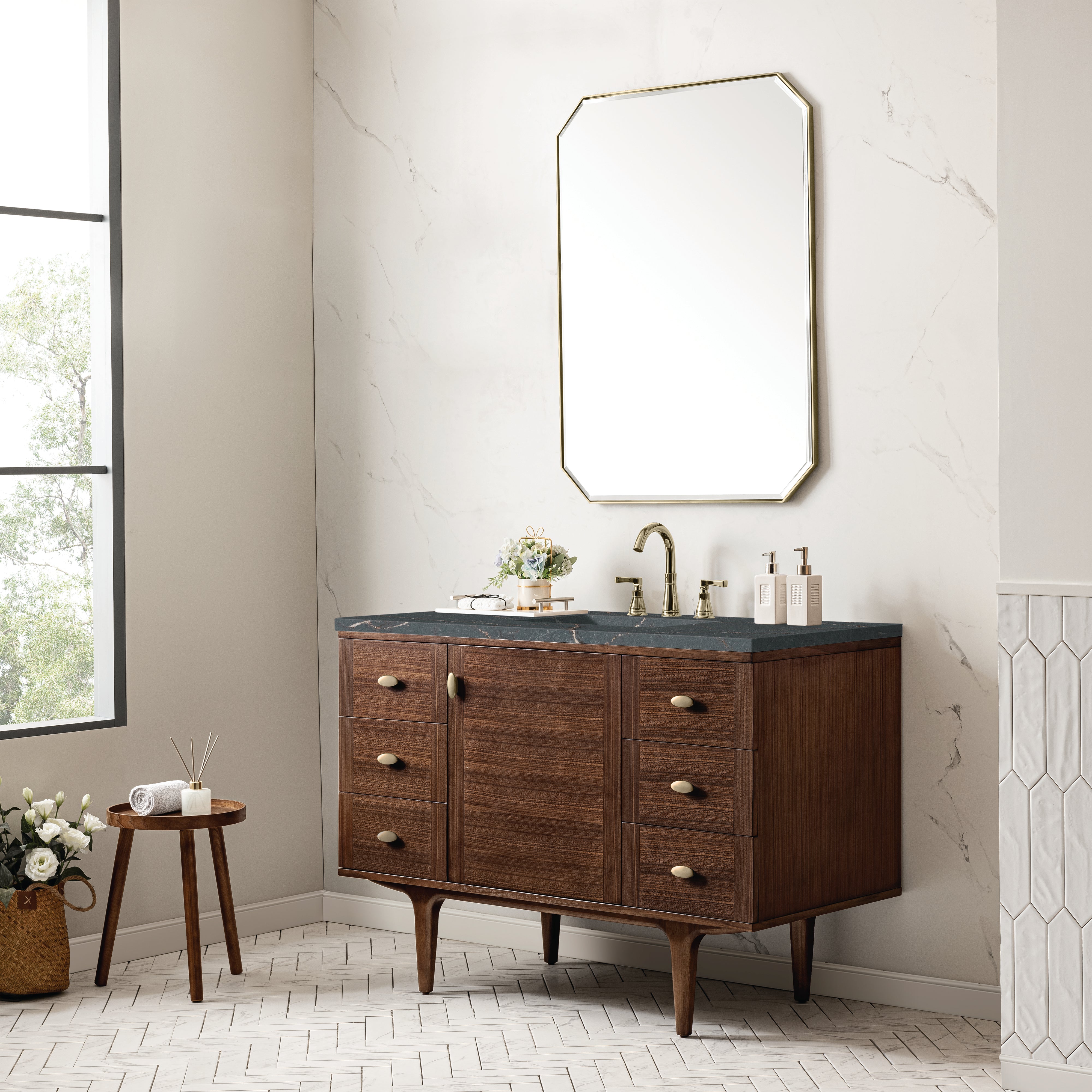 James Martin Amberly 48" Single Vanity in Mid-Century Walnut with 3cm Countertop and FreePower Wireless Charger