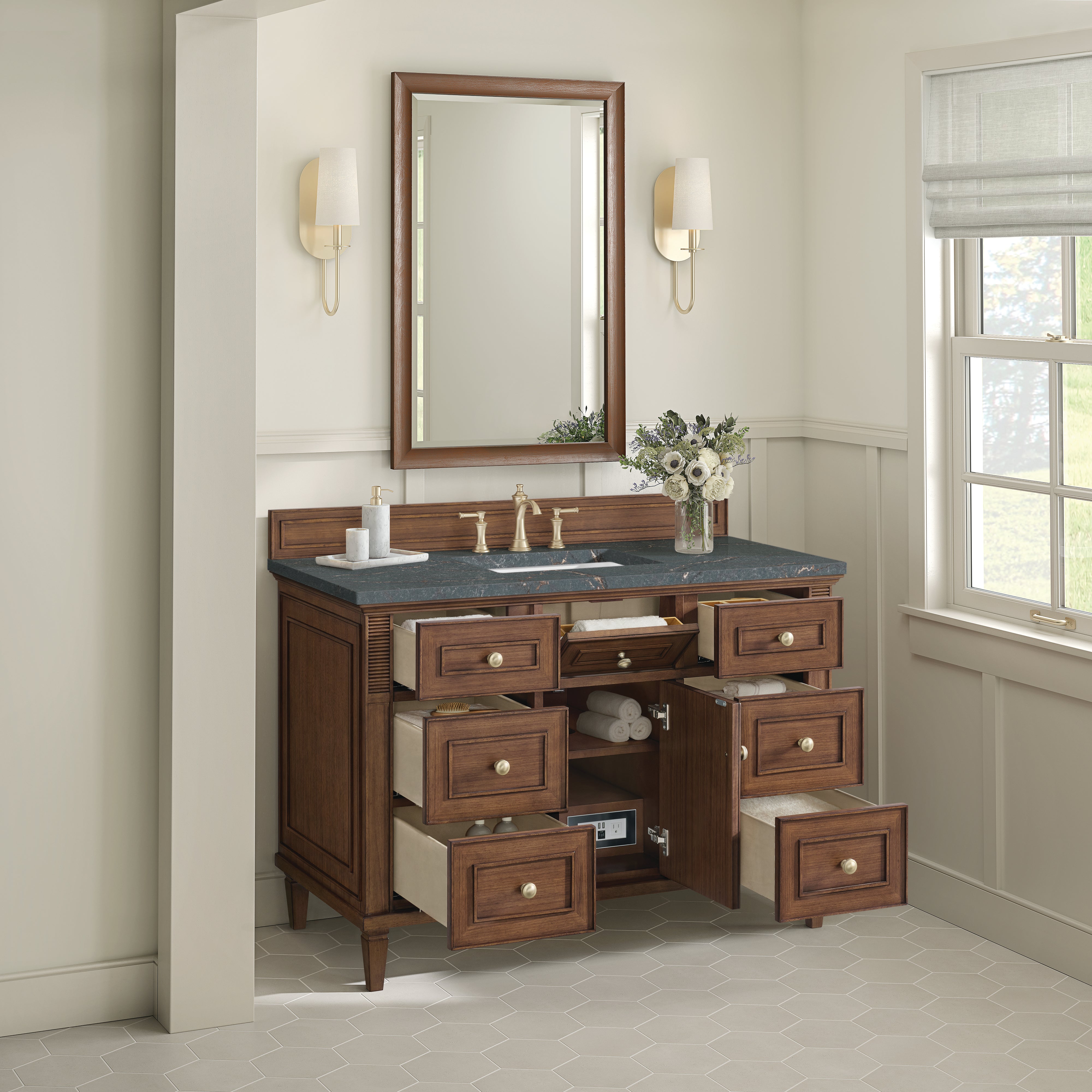 James Martin Lorelai 48" Single Vanity in Mid-Century Walnut with 3cm Countertop and FreePower Wireless Charger