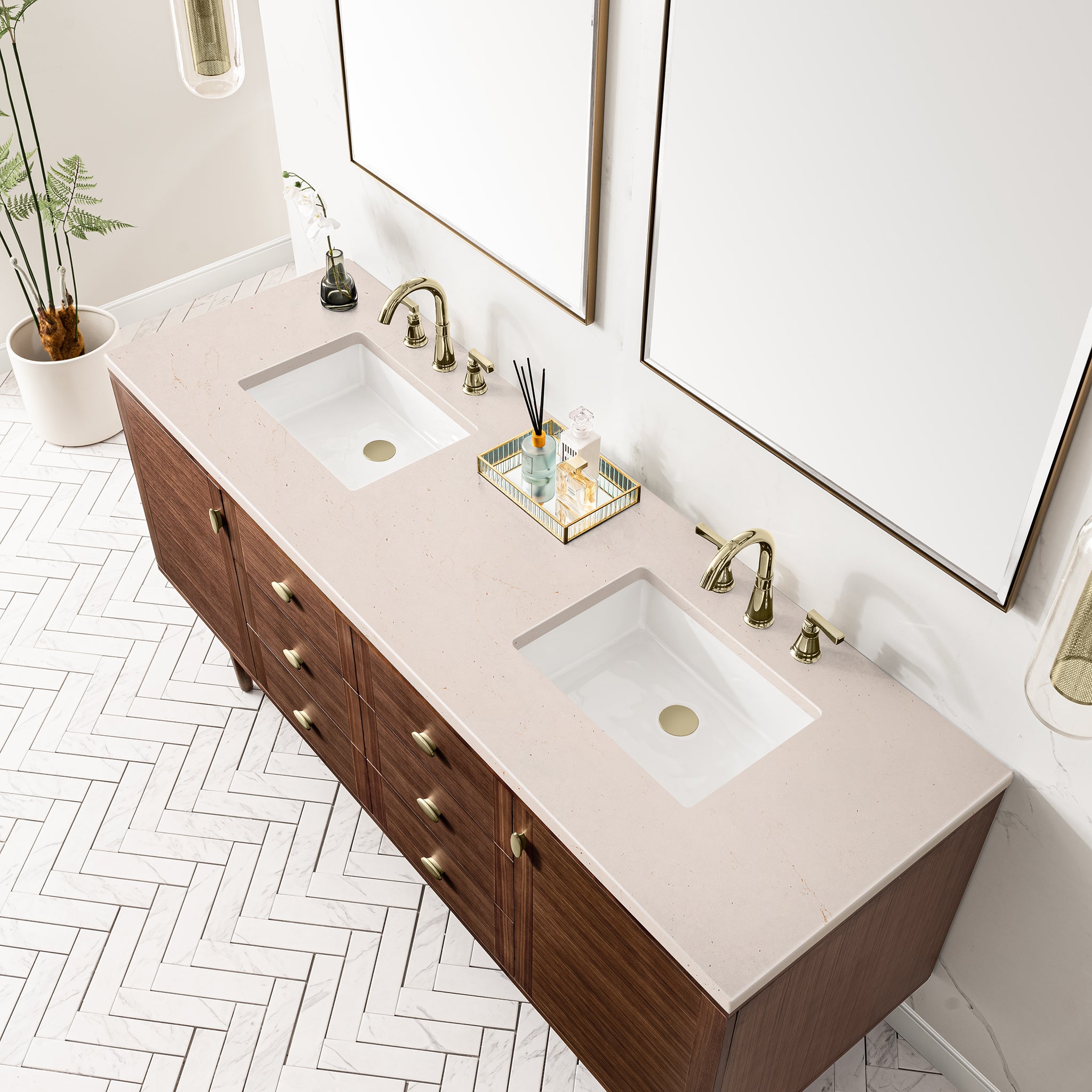 James Martin Amberly 72" Double Vanity in Mid-Century Walnut with 3cm Countertop