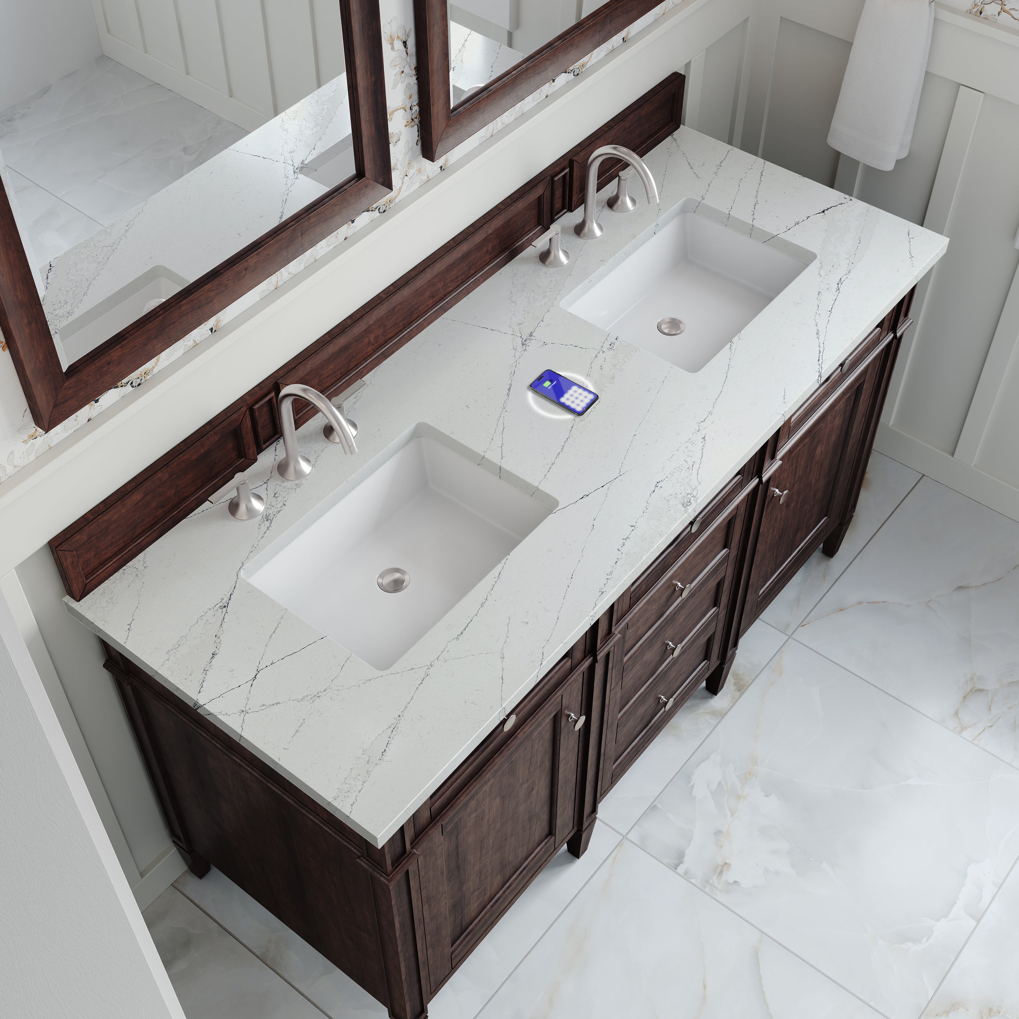 James Martin Brittany 60" Double Vanity in Burnished Mahogany with 3cm Countertop and FreePower Wireless Charger