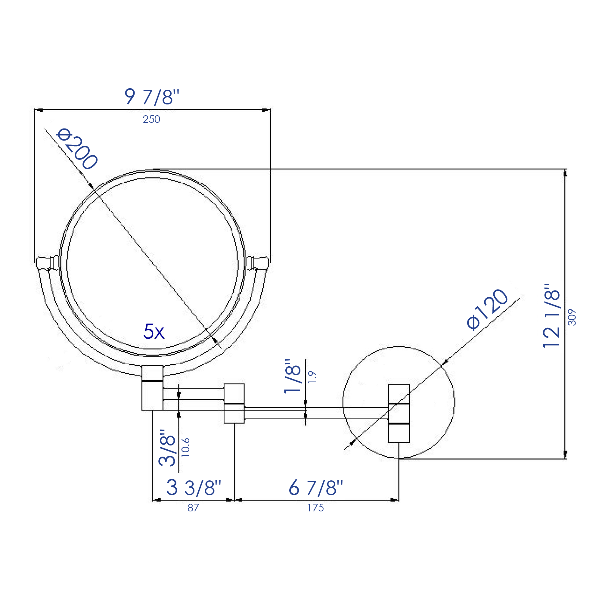ALFI brand ABM8WR 8" Round Wall Mounted 5x Magnify Cosmetic Mirror