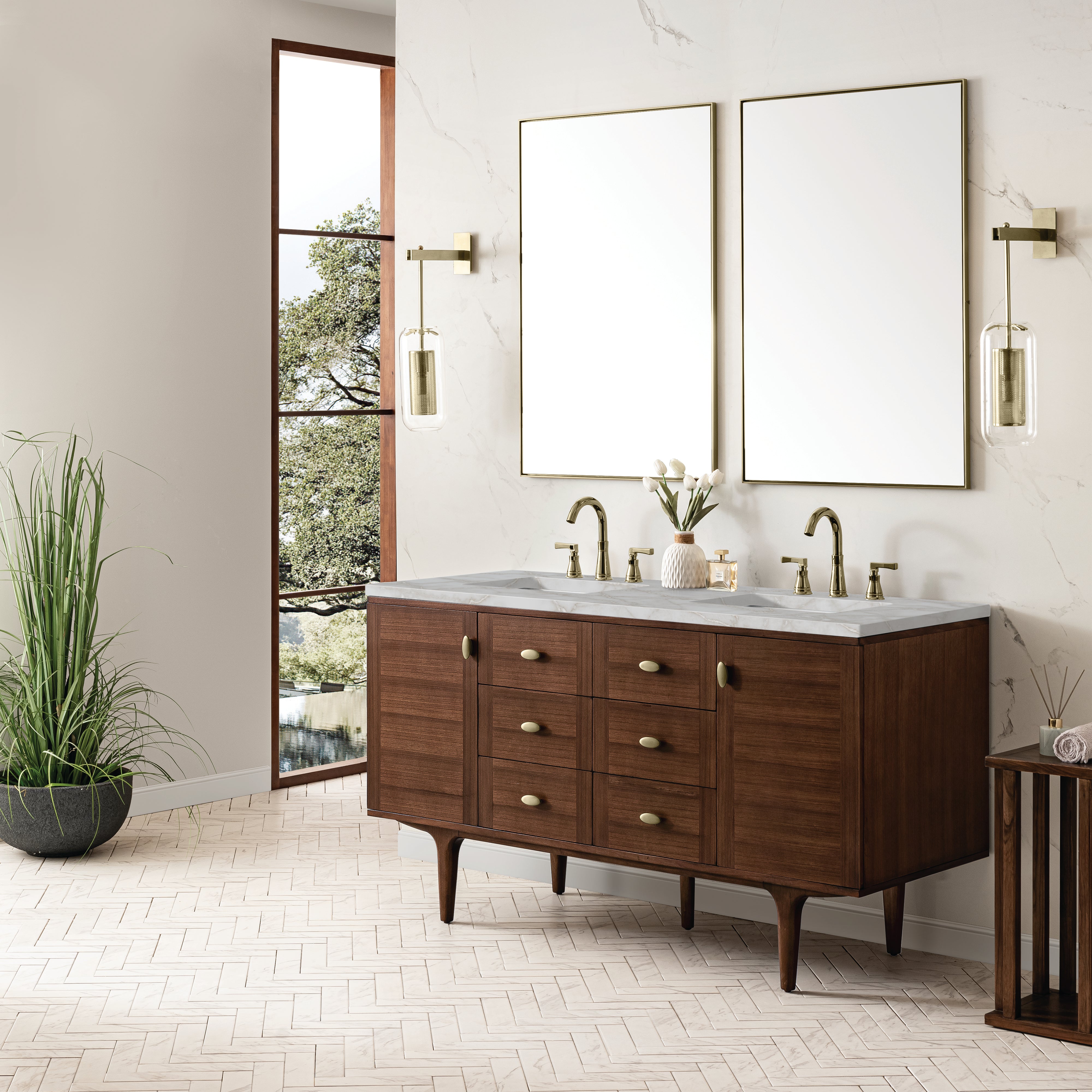 James Martin Amberly 60" Double Vanity in Mid-Century Walnut with 3cm Countertop and FreePower Wireless Charger