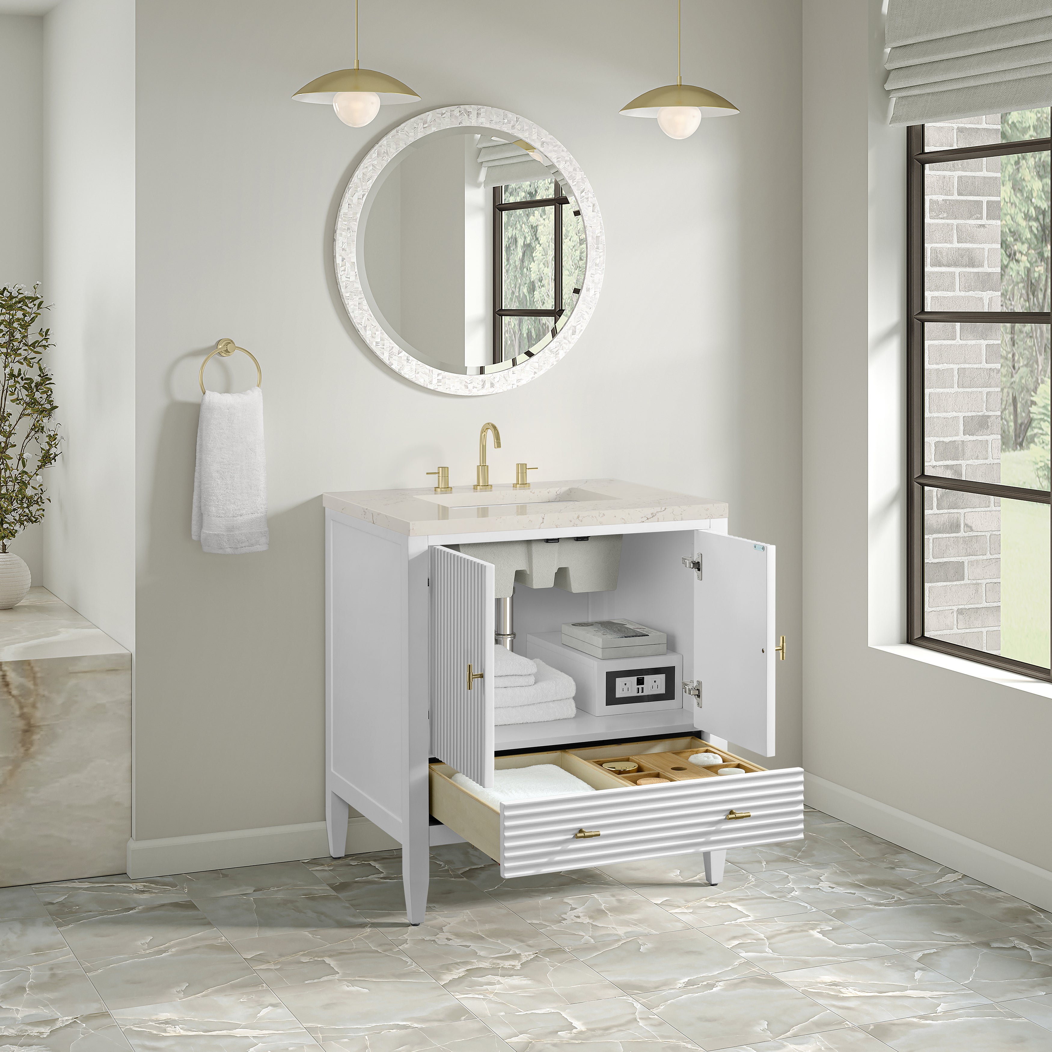 James Martin Myrrin 30" Single Vanity in Bright White with 3cm Countertop