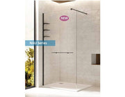 Dawn Walk in fixed shower door with 3 shelves, Matte Black