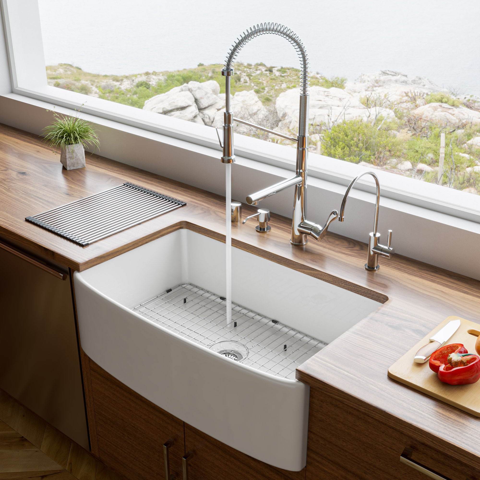 ALFI brand ABFC3320S ABFC3320S-W White Smooth Curved Apron 33" x 20" Single Bowl Fireclay Farm Sink with Grid