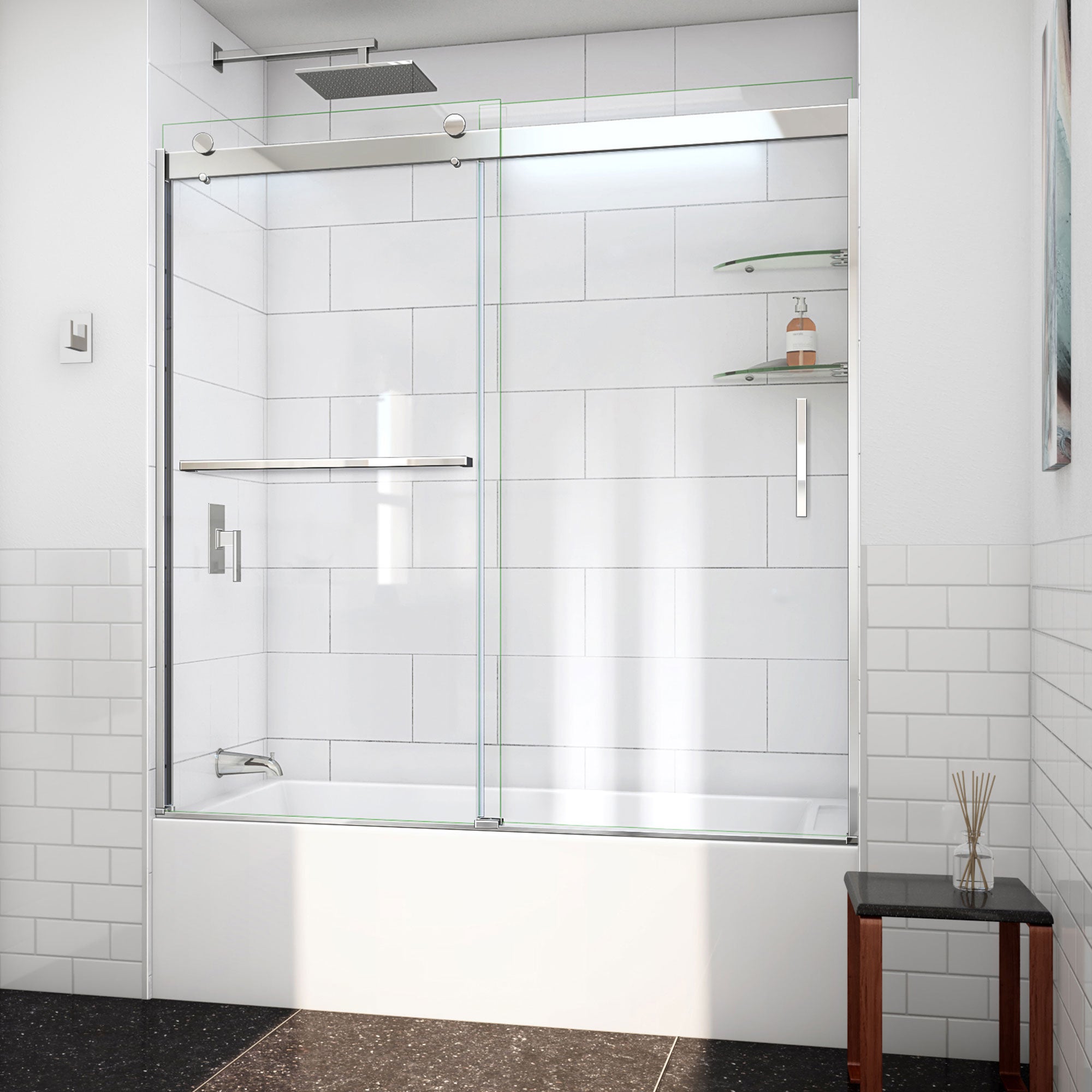 DreamLine Sapphire-V 56 - 60 inch W x 62 inch H Semi-Frameless Bypass Tub Door