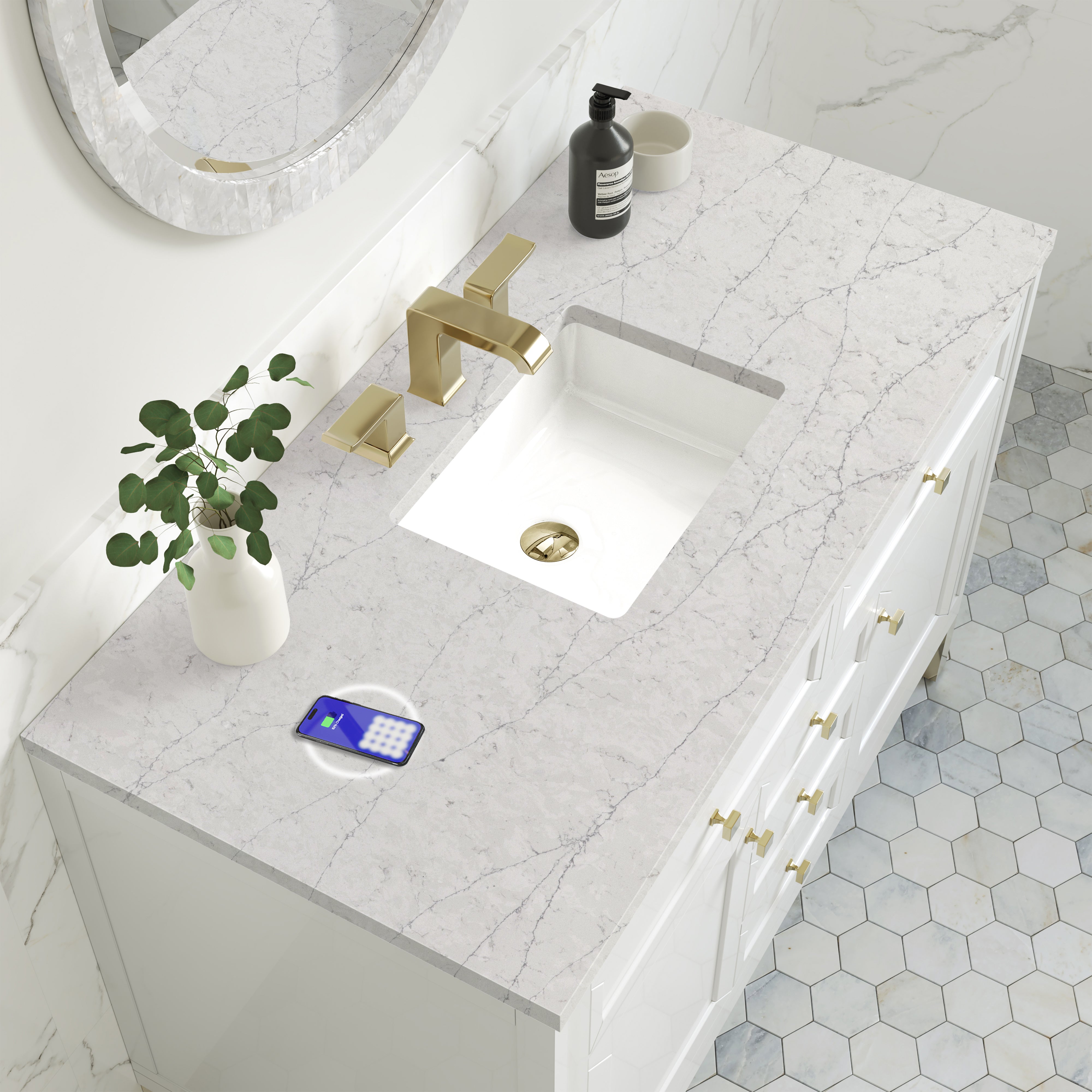 James Martin Chicago 48" Single Vanity in Glossy White with 3cm Countertop and FreePower Wireless Charger