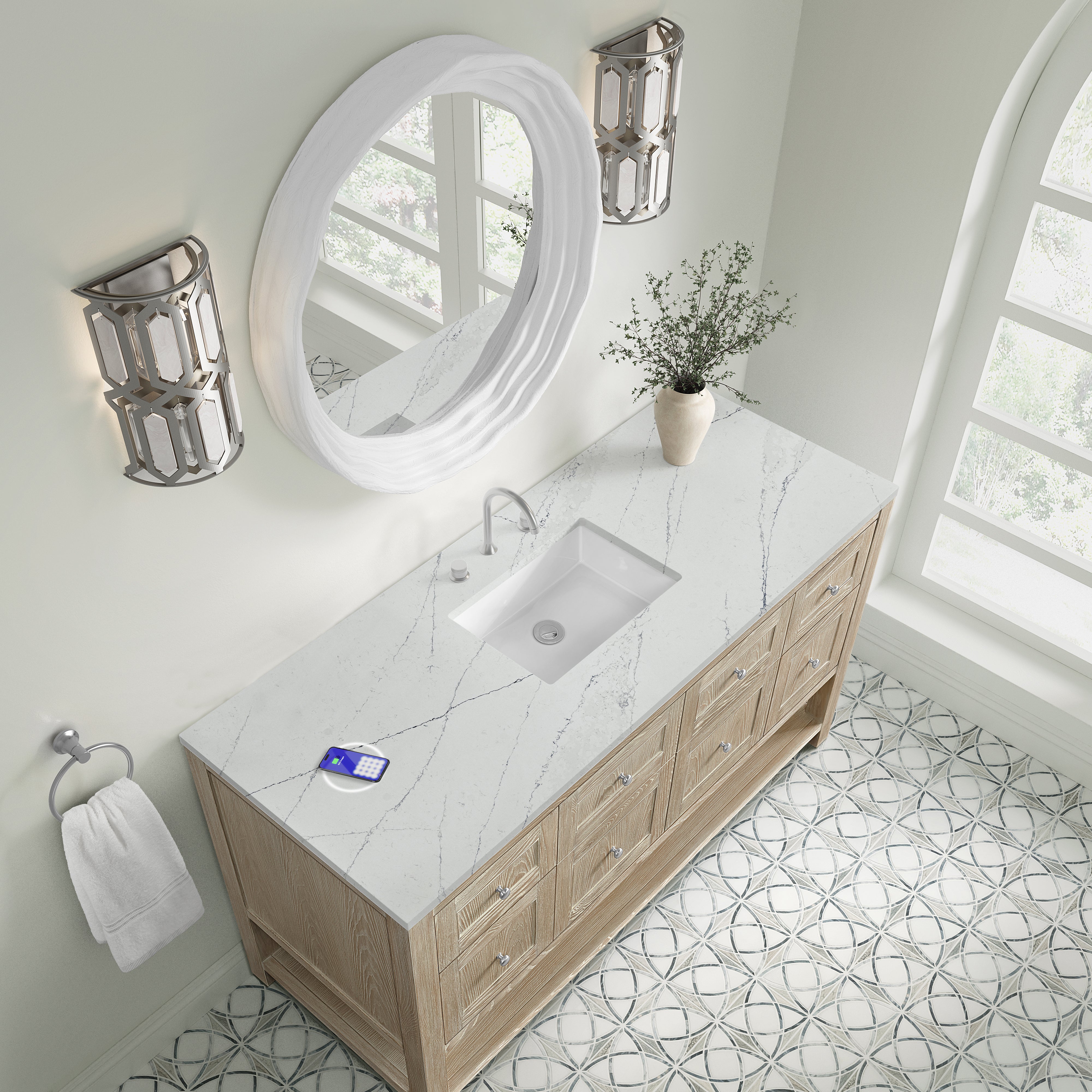 James Martin Breckenridge 60" Single Vanity in Whitewashed Oak with 3cm Countertop and FreePower Wireless Charger