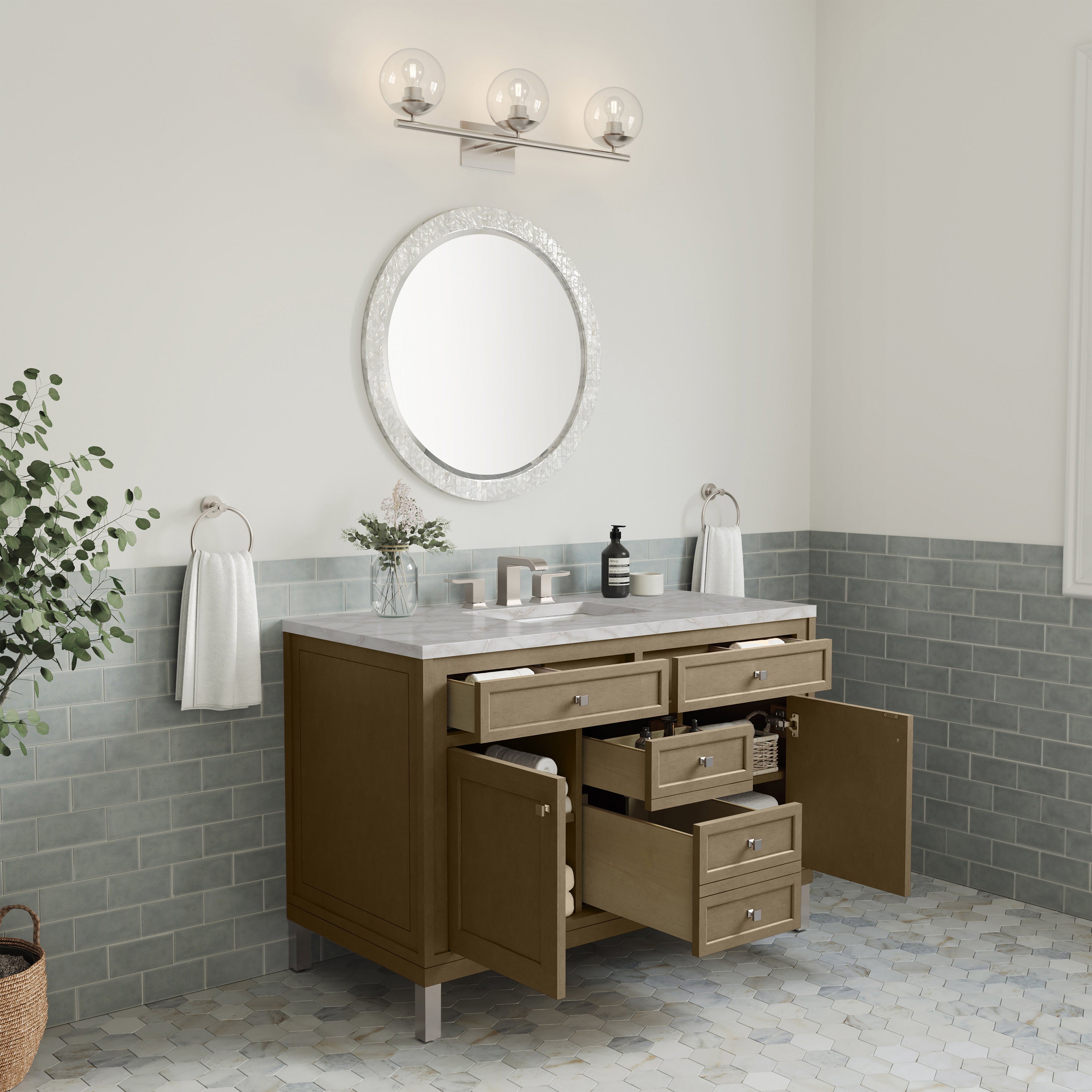 James Martin Chicago 48" Single Vanity in Walnut Whisper with 3cm Countertop and FreePower Wireless Charger